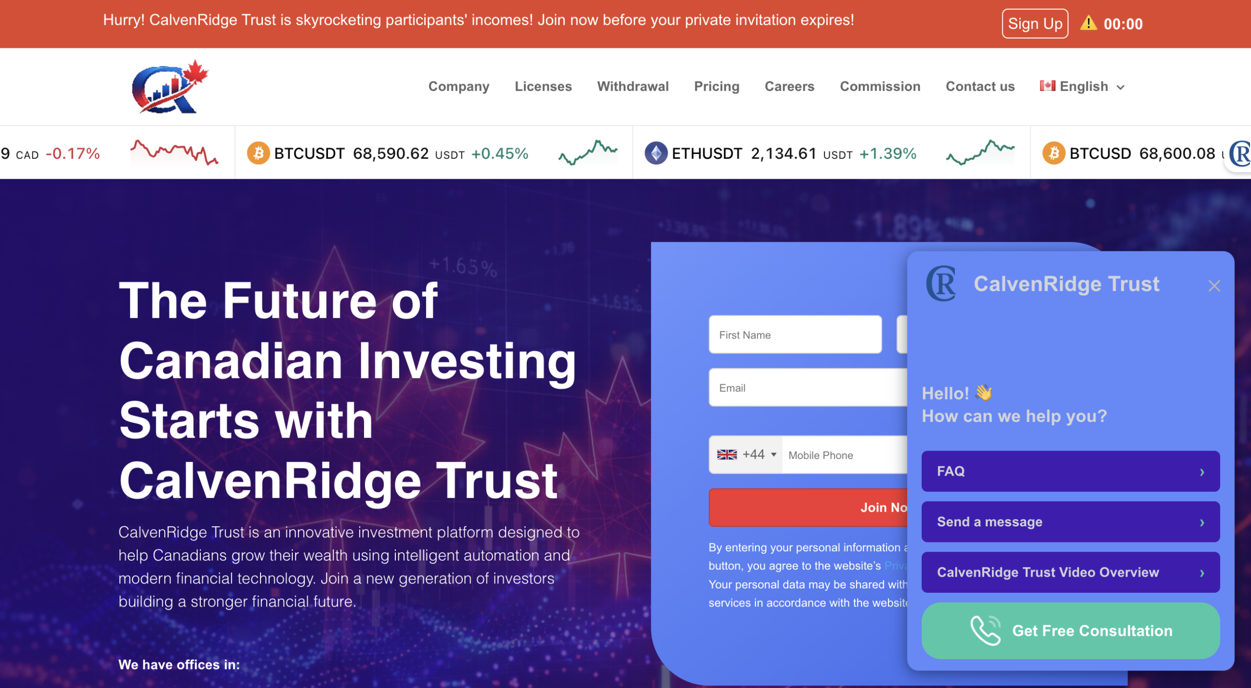 Calvenridge-Trust.com website homepage and investment dashboard overview