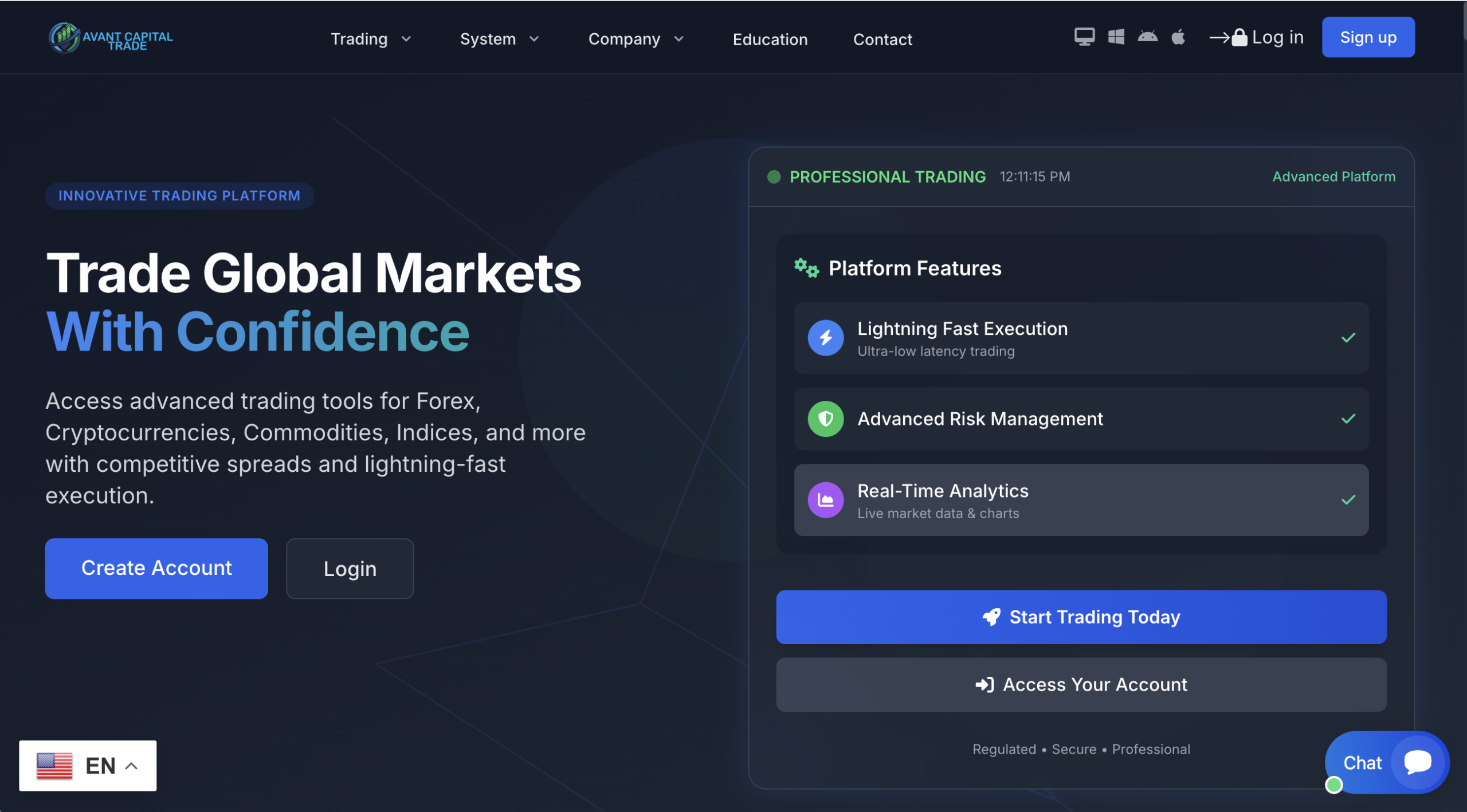 A screenshot of the Avant Capital Trade platform showing its user interface and investment options for potential traders.