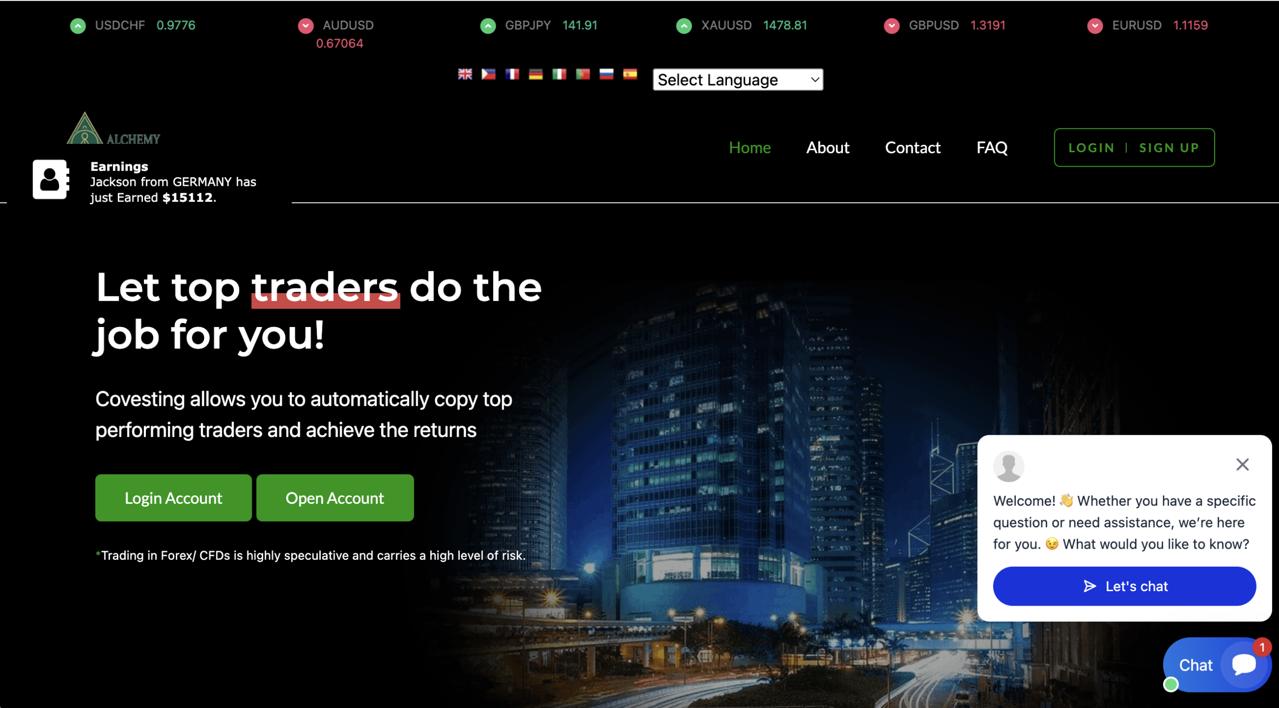 A screenshot of the AlchemyXMarkets.com trading platform interface, highlighting features and user tools for online trading.