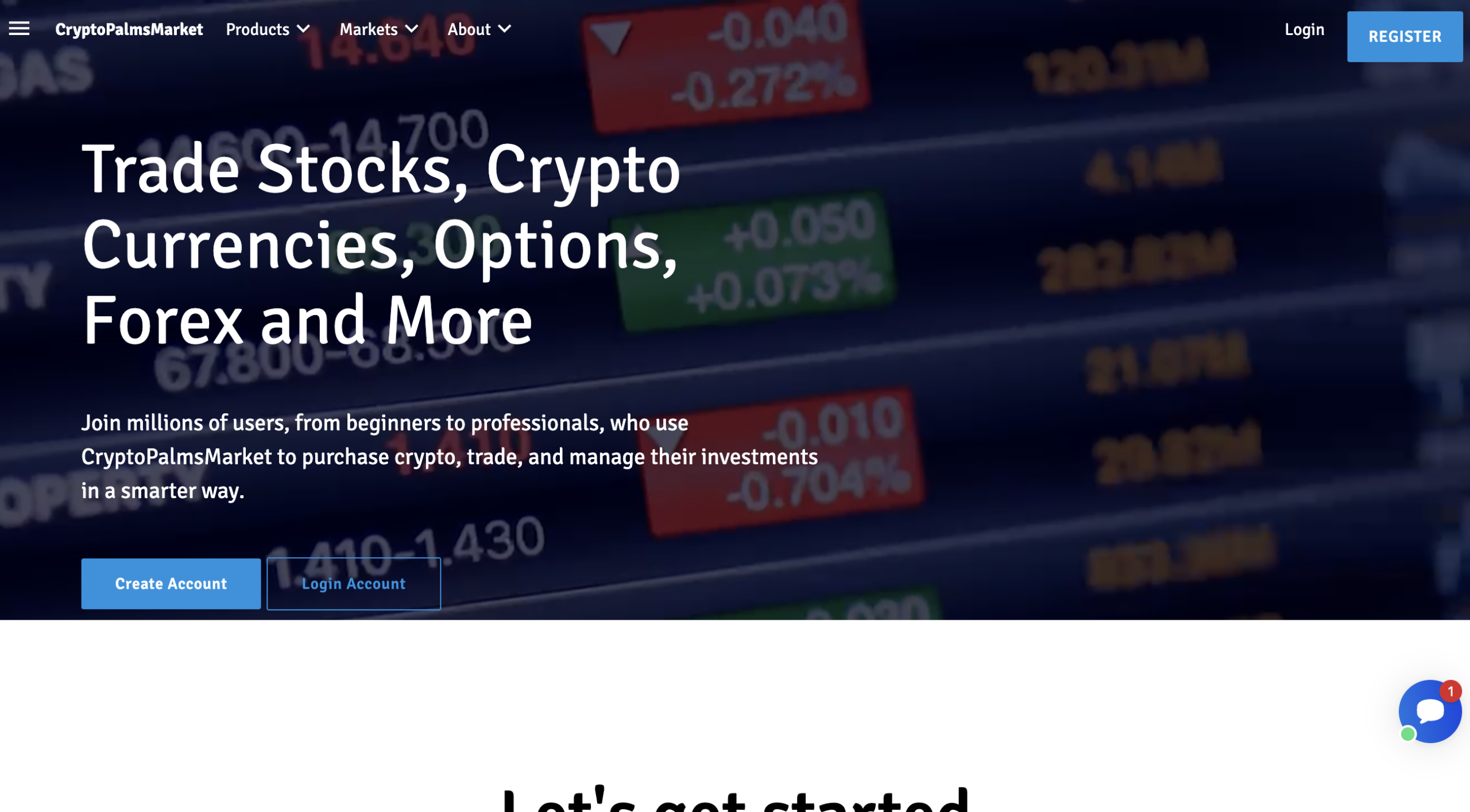 Screenshot of Cryptopalmsmarket.com homepage showing investment plans and promotional graphics, highlighting potential red flags.