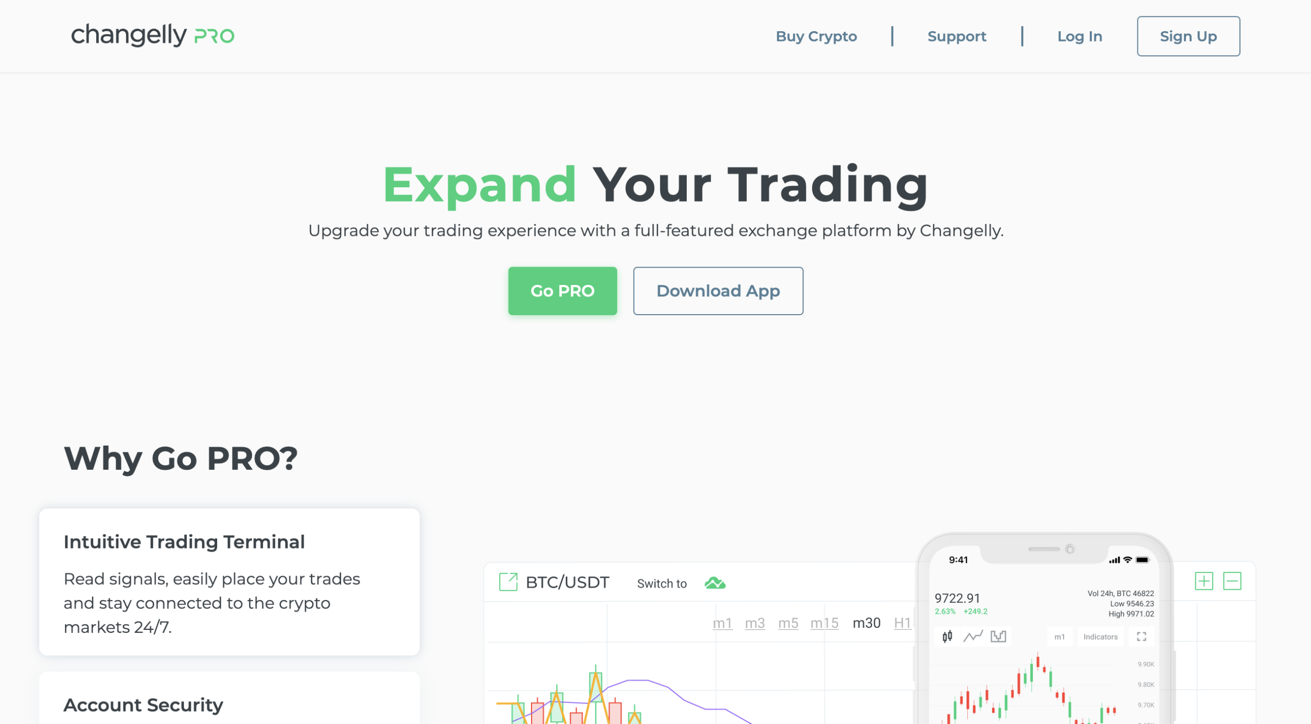 Screenshot of Pro.Changelly.com homepage displaying cryptocurrency exchange options and promotional graphics highlighting features.