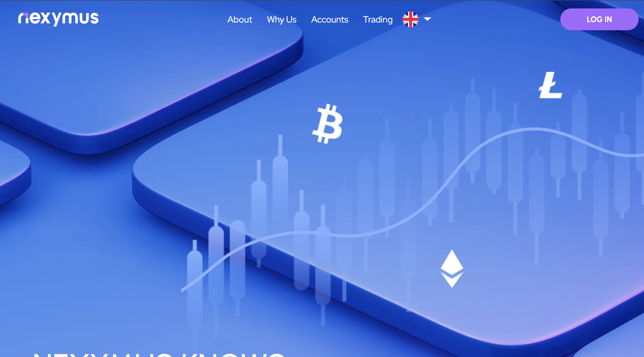 Screenshot of Nexymus.com homepage displaying investment options and promotional content related to trading services.