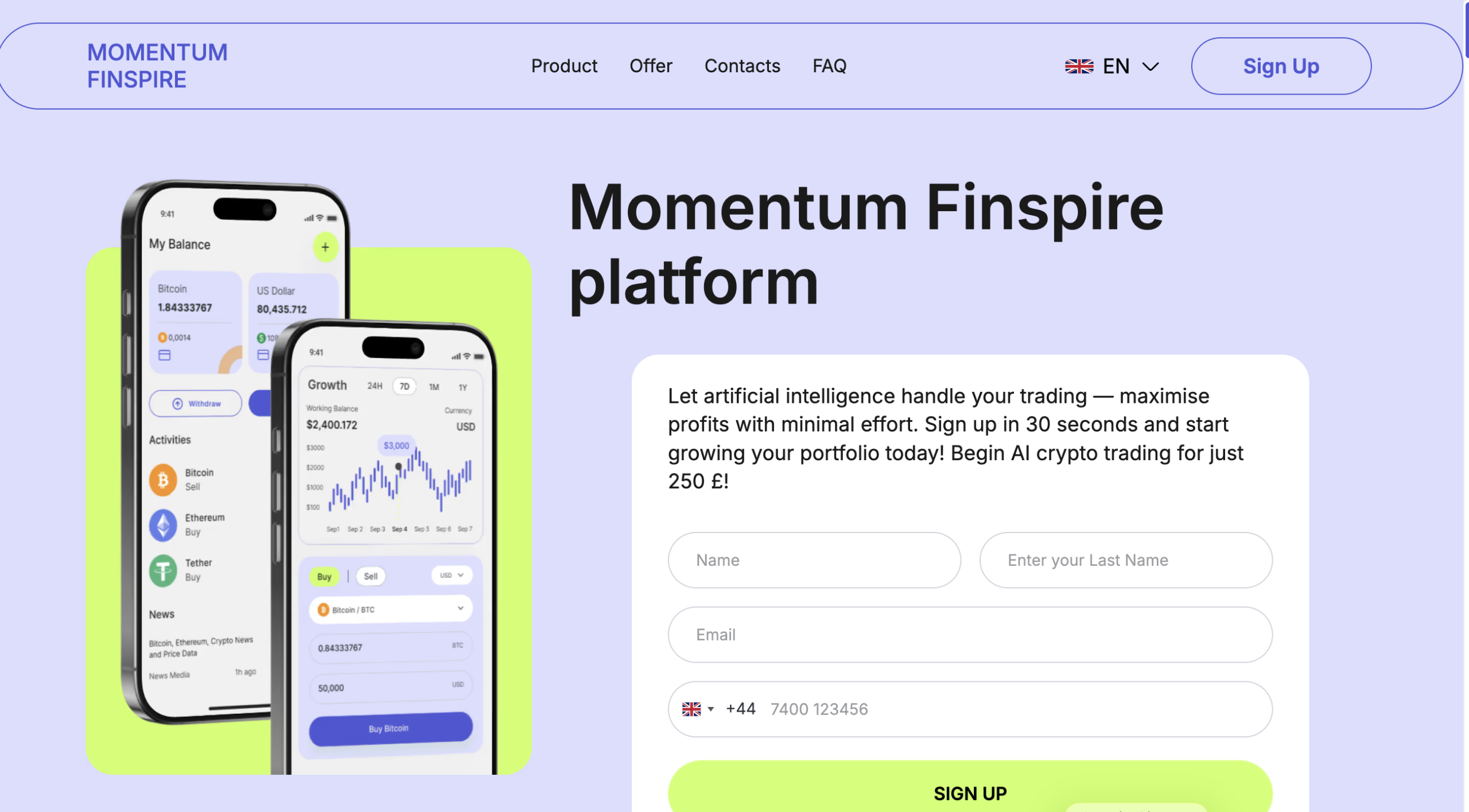 MomentumFinspire.com homepage displaying enticing investment promises and marketing graphics, illustrating the potential risks of online investments.