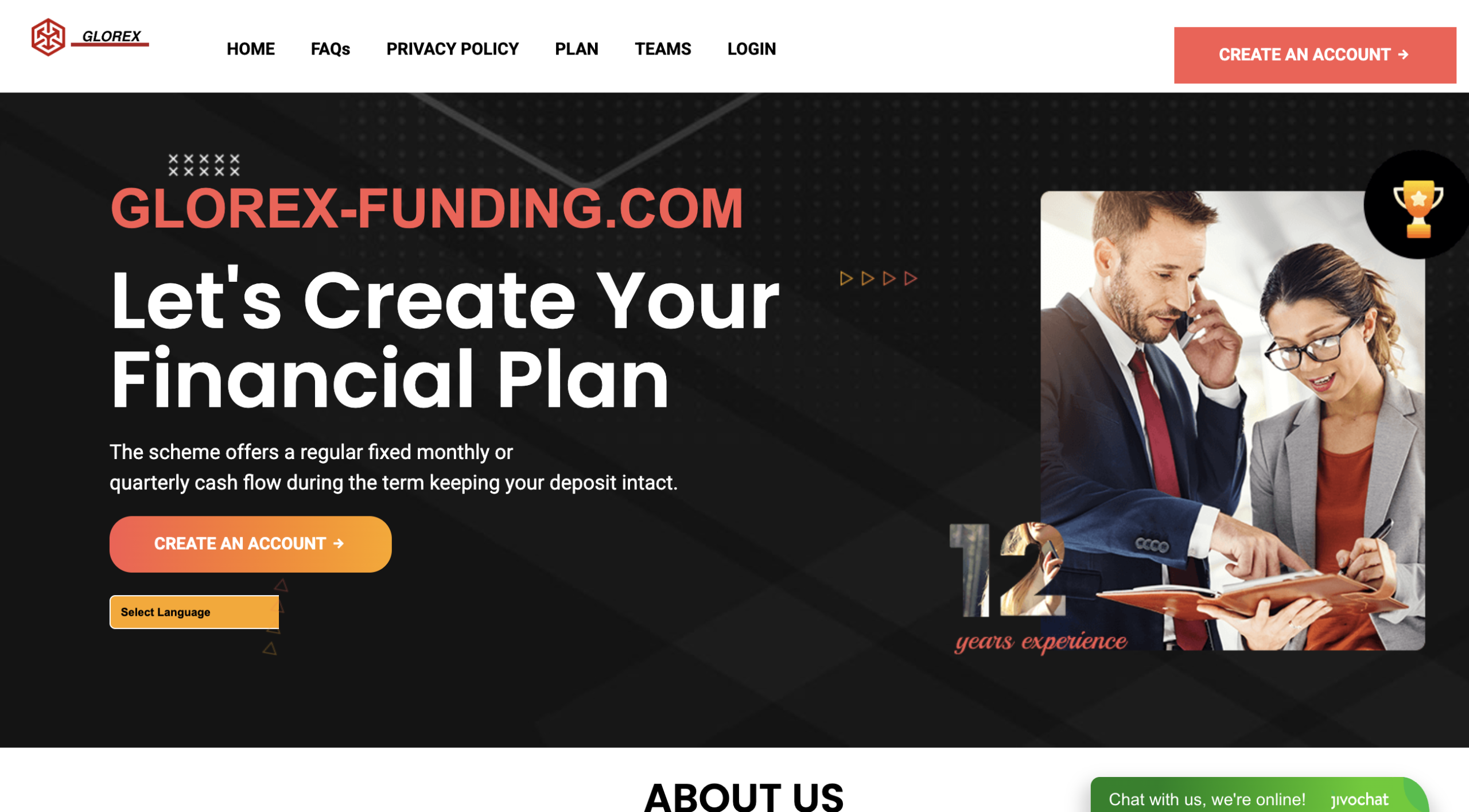 Homepage of Glorex-FundingLtd.com showcasing attractive investment options and promotional graphics, highlighting the potential risks of online investment platforms.