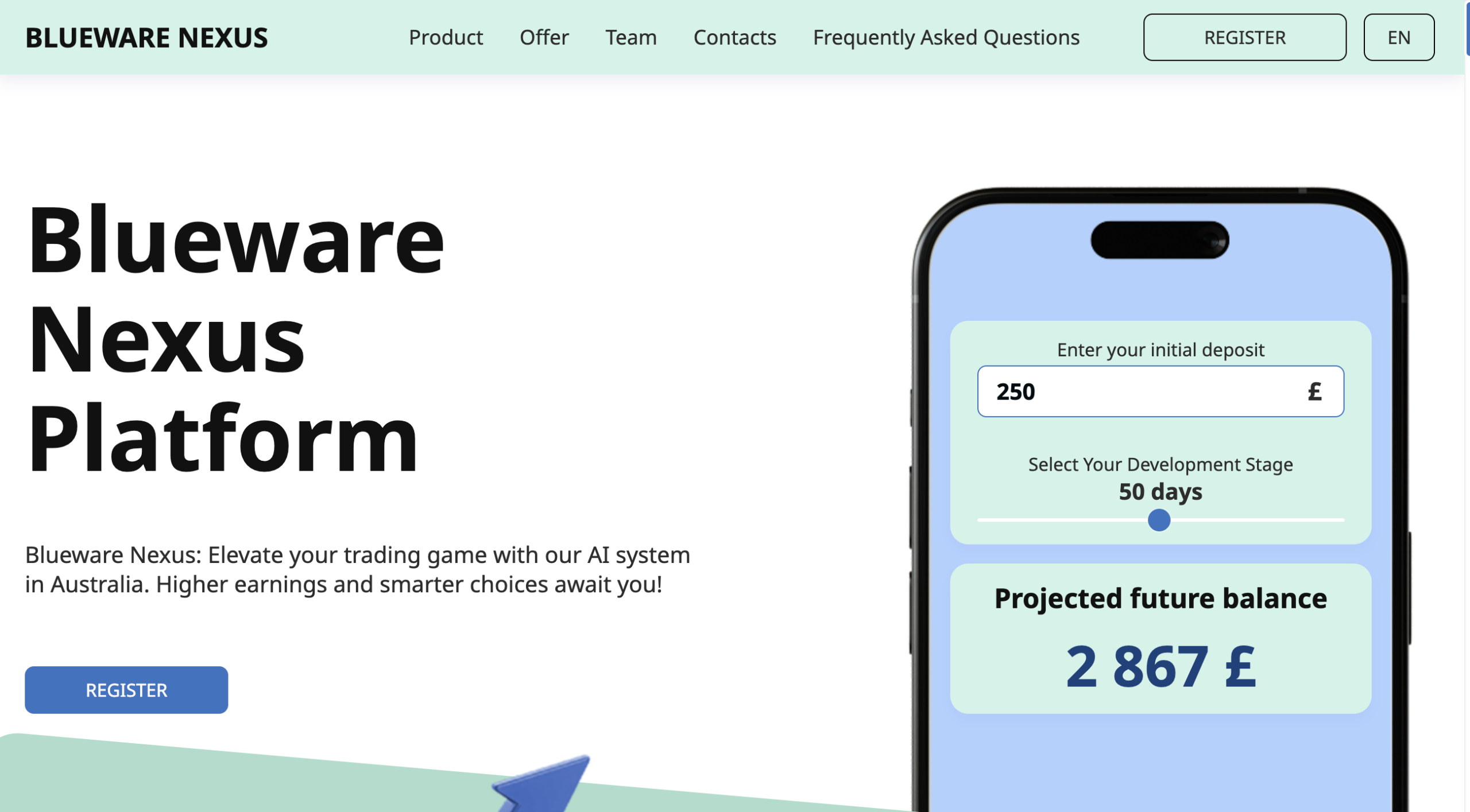 Homepage of Blueware-Nexus.org showcasing attractive trading offers and promotional content, highlighting the risks of online investment platforms.