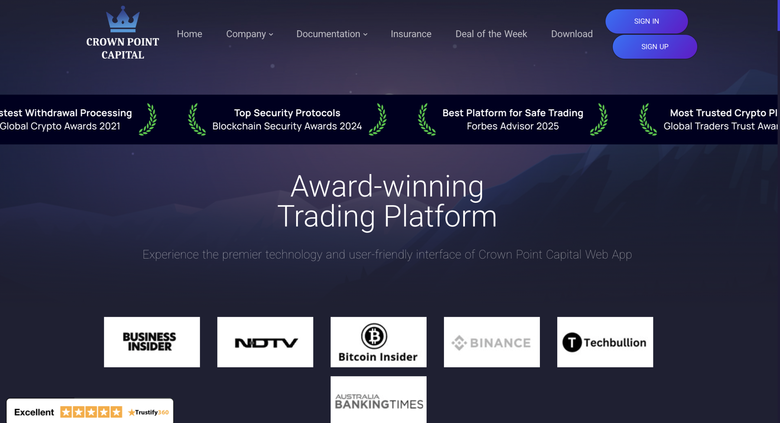 Screenshot of CrownpCapital.com homepage showing investment platform interface and promotional offers