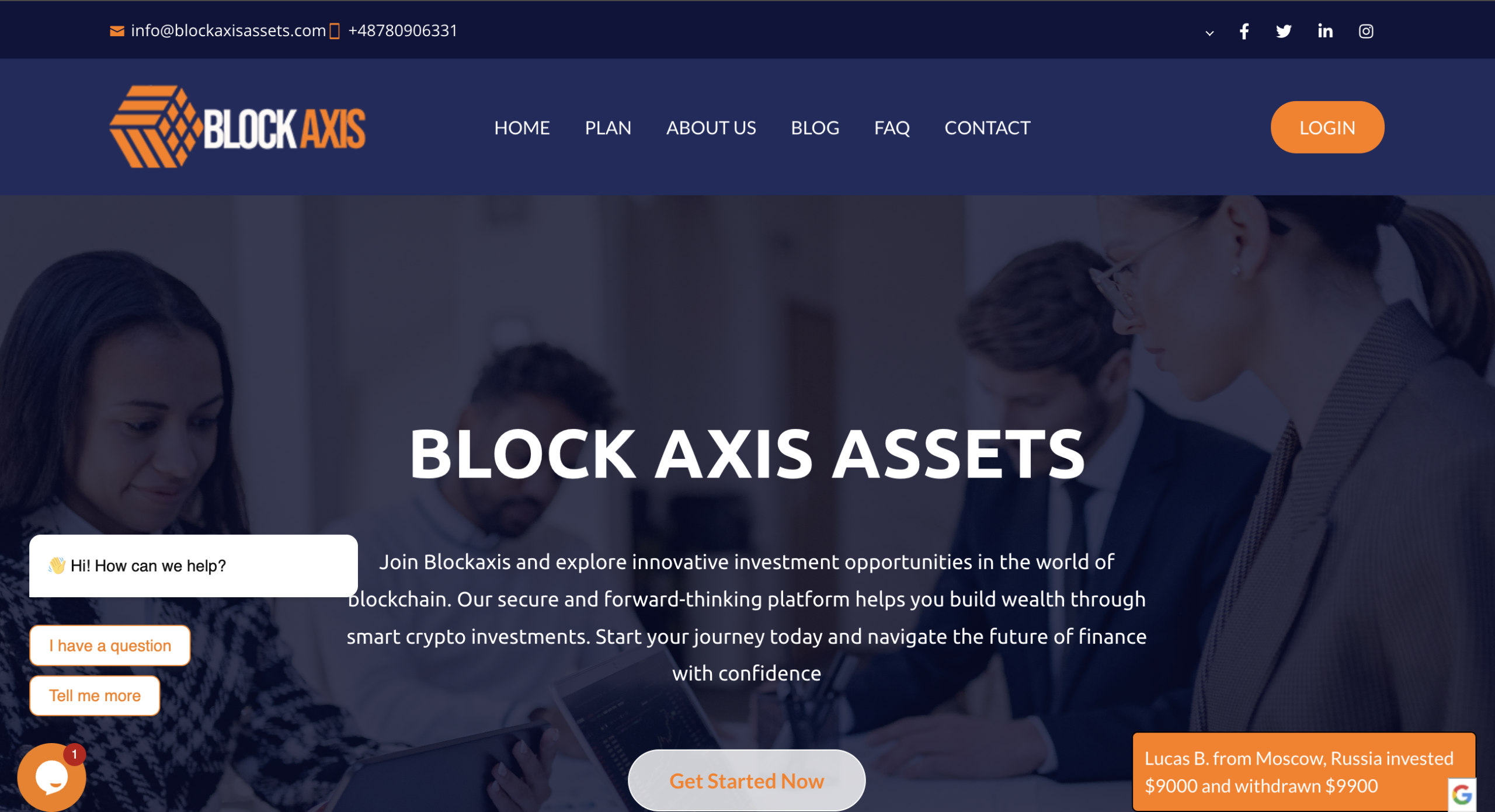 Screenshot of BlockAxisAssets.com homepage showing investment plans and platform features with a sleek, modern design.