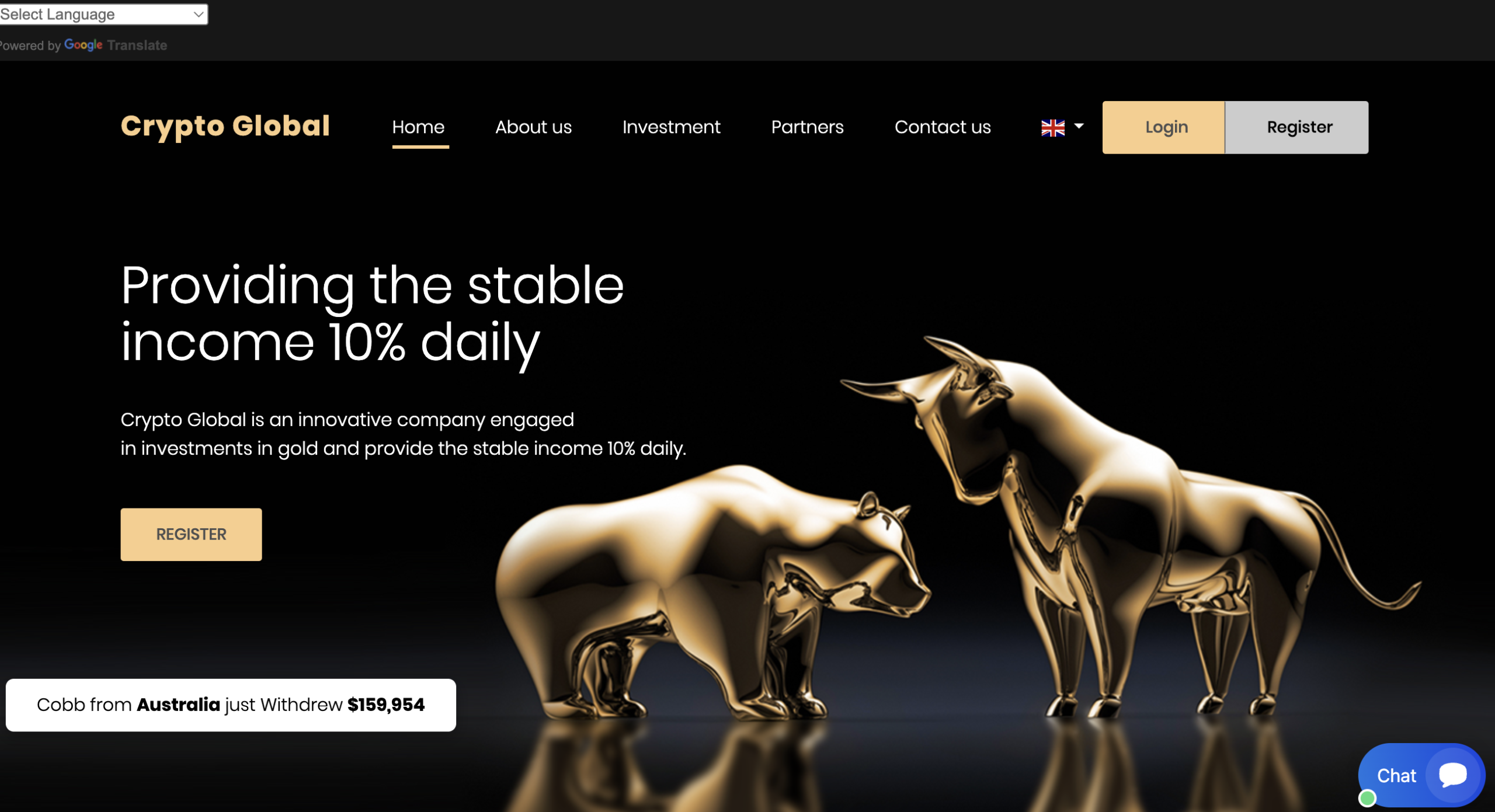 A screenshot of the CryptoGlobalPlatform.pro website homepage, featuring its user interface with investment options and promotional offers.