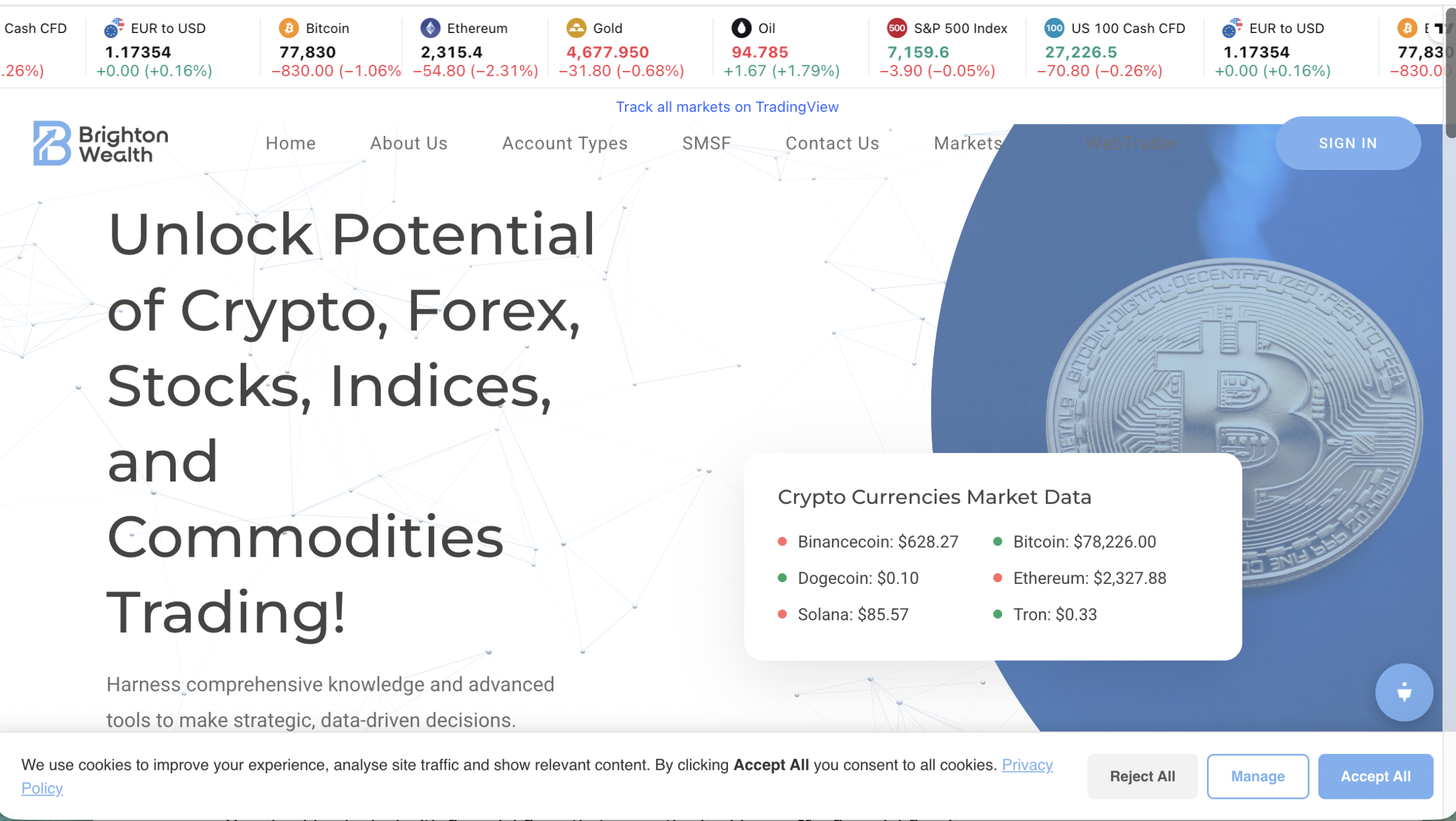 Screenshot of the BRT Wealth trading platform showcasing user testimonials, financial data, and promotional offers for potential investors.