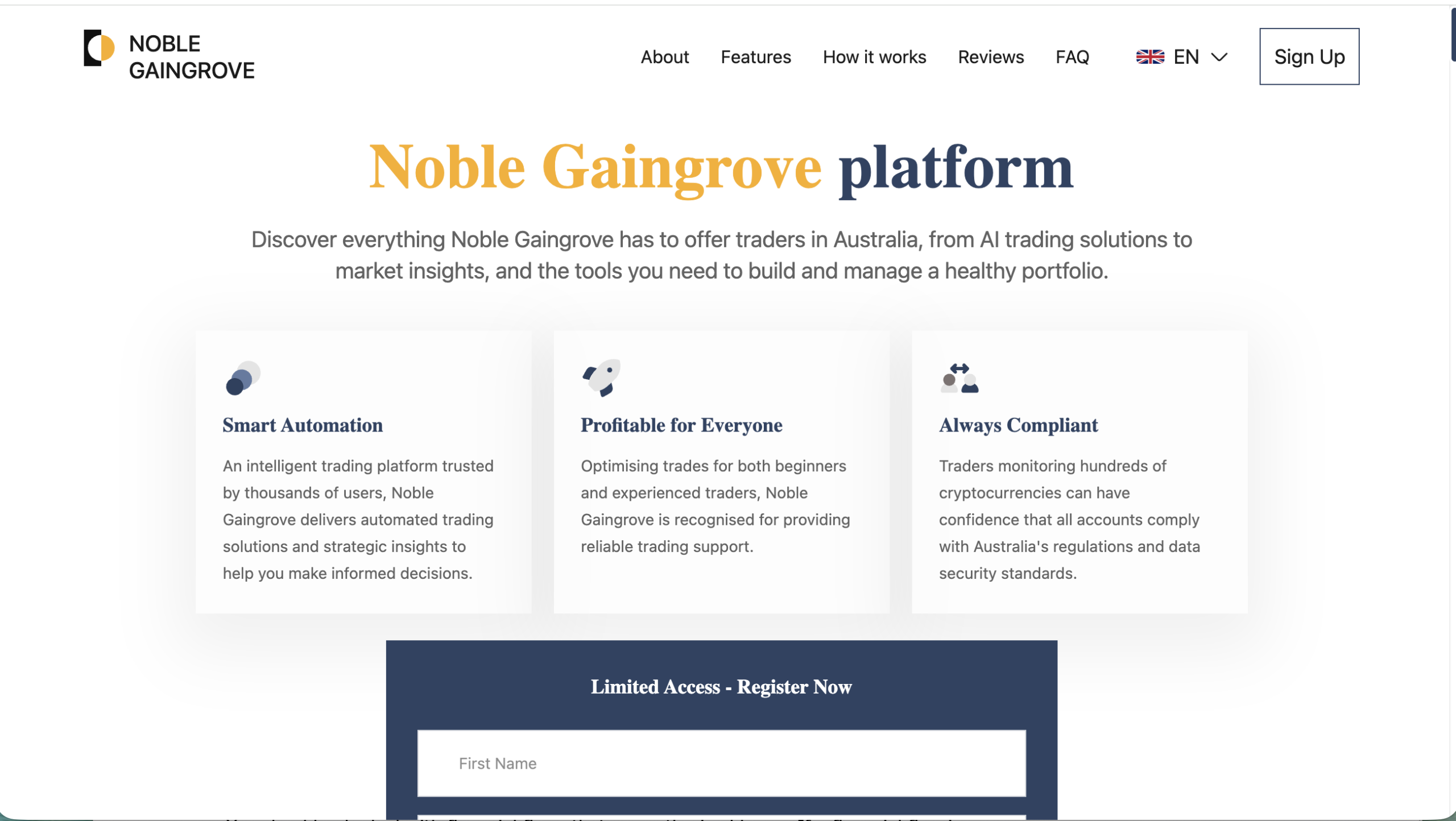 Screenshot of the Noble Gain Grove trading platform displaying user testimonials, financial data, and promotional offers aimed at investors.