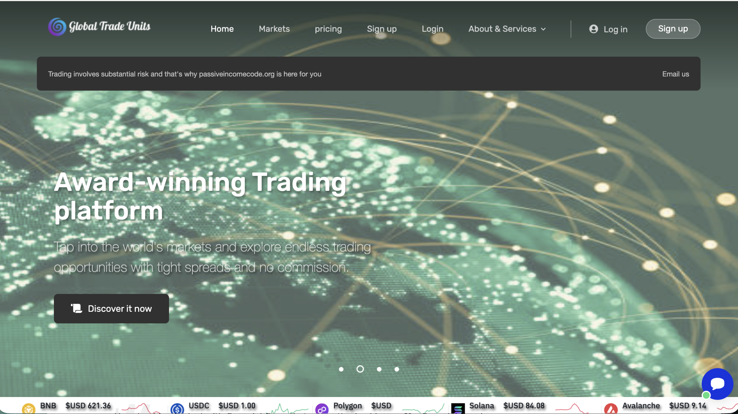 Screenshot of PassiveIncomeCode.org homepage showing a promotional banner for automated passive income opportunities.