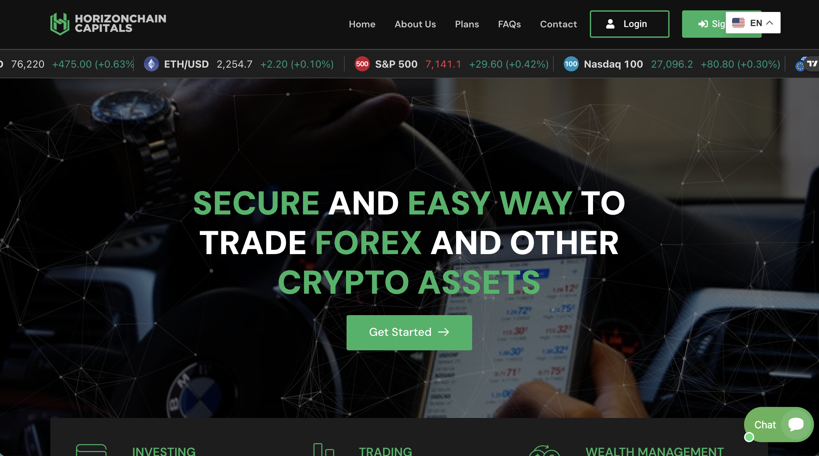Screenshot of Horizon Chain Capitals website showing investment dashboard and promotional offers.
