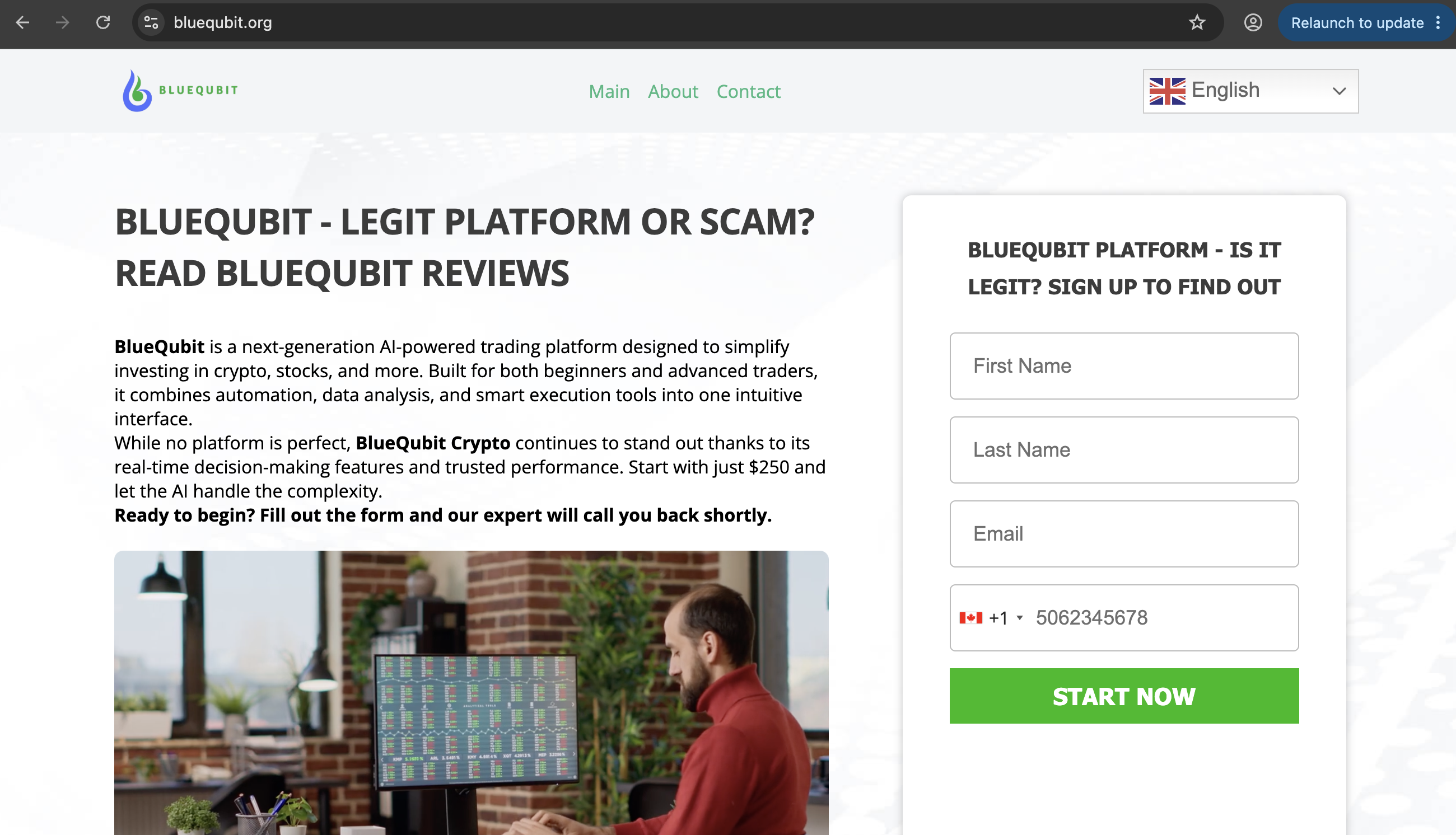 Screenshot of BlueQubit.org homepage, highlighting investment promises and user interface.