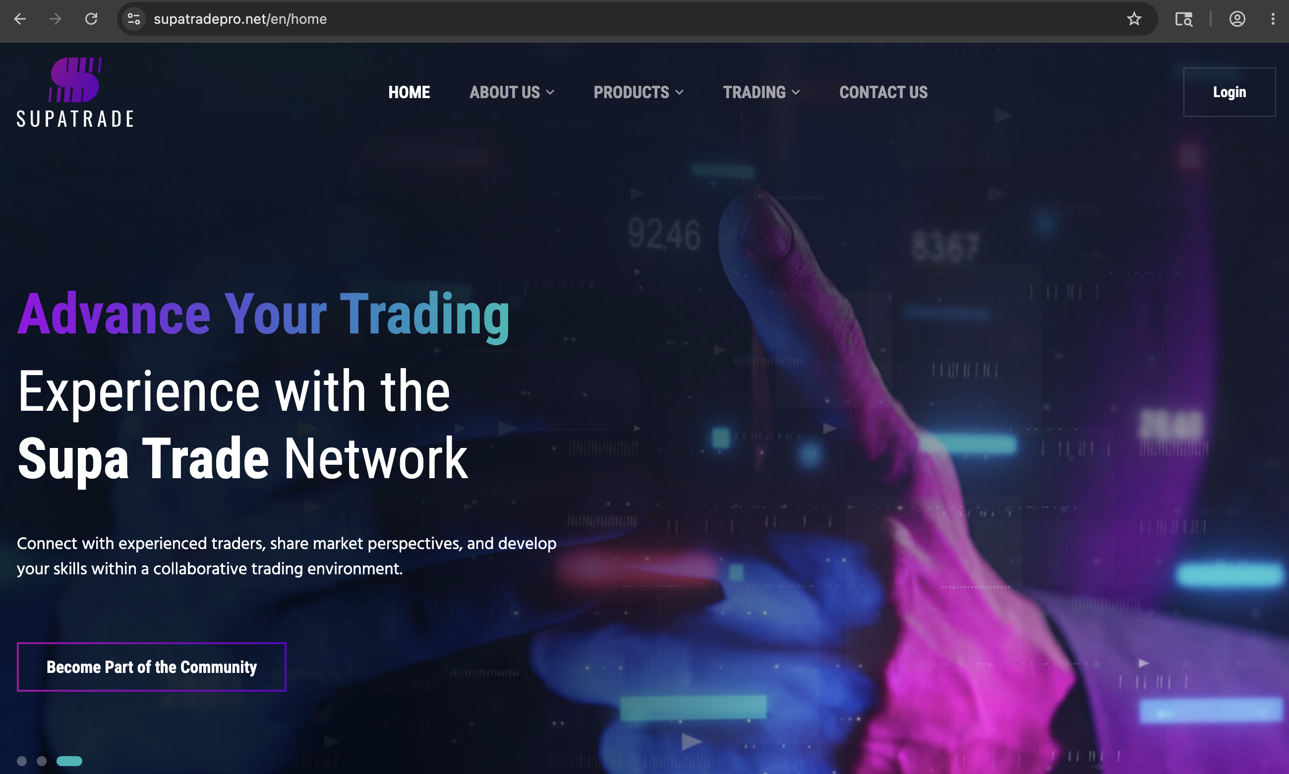 Screenshot of the SupaTradePro.net homepage displaying its trading tools, promotional banners, and user interface elements.