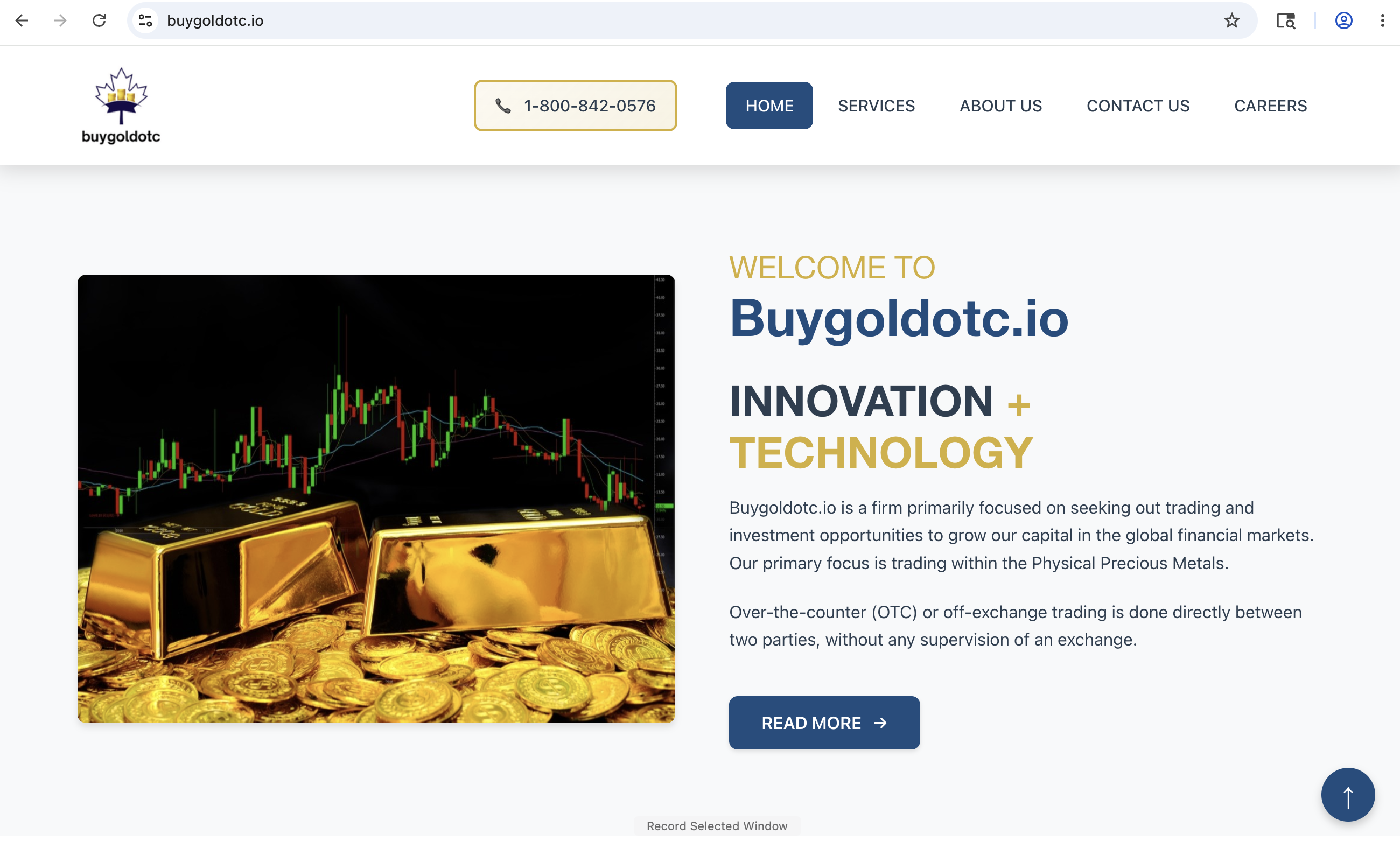 Screenshot of BuyGoldOTC.io homepage highlighting gold trading features and promotional offers, indicating potential warning signs.