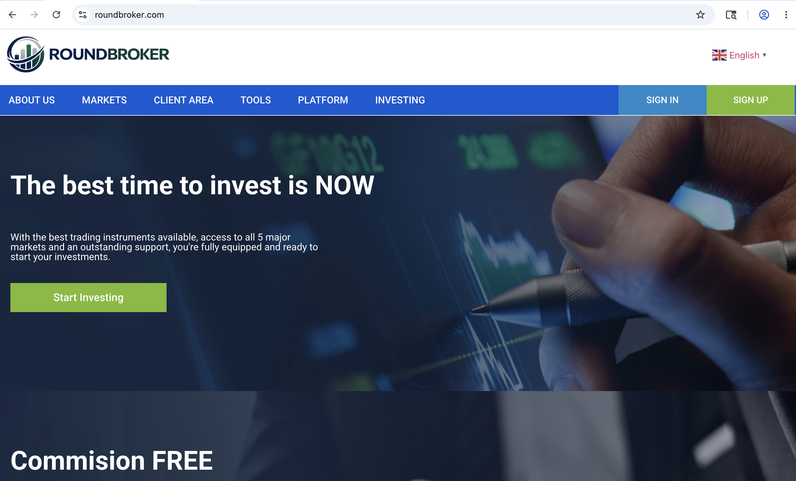RoundBroker Image of RoundBroker.com homepage, showcasing its investment options and user interface for online trading services.
