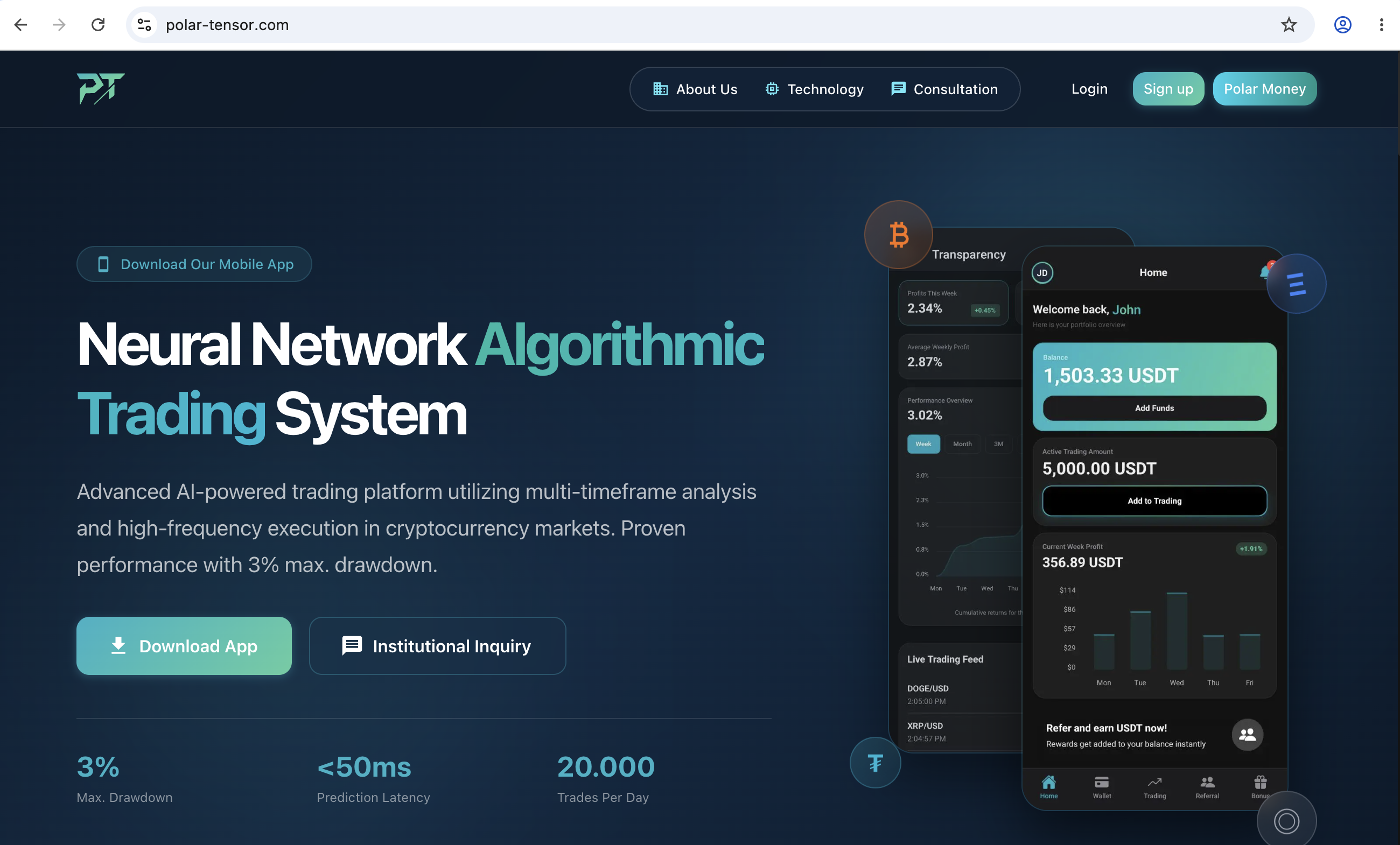 Screenshot of Polar-tensor.com homepage, featuring its bold investment claims and visuals while highlighting key warning signs for users.