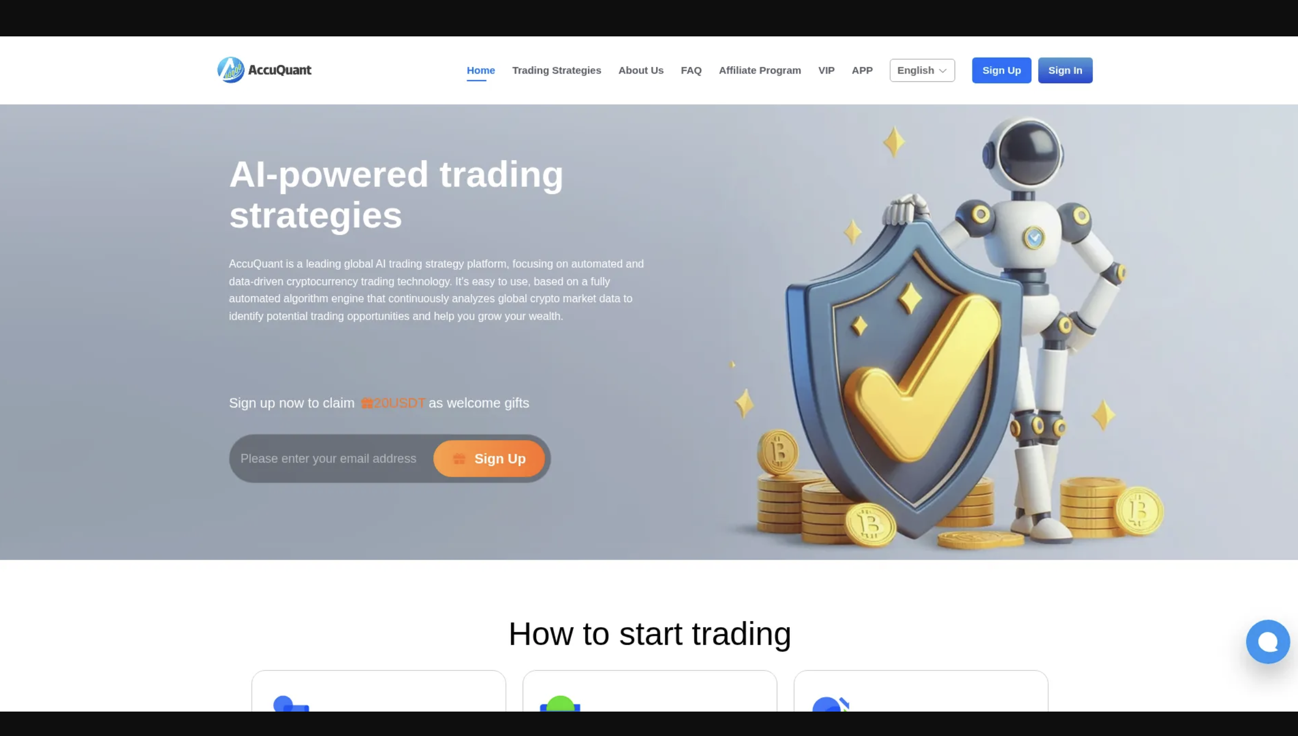 Screenshot of the Accuquant homepage showcasing its flashy design and user interface.