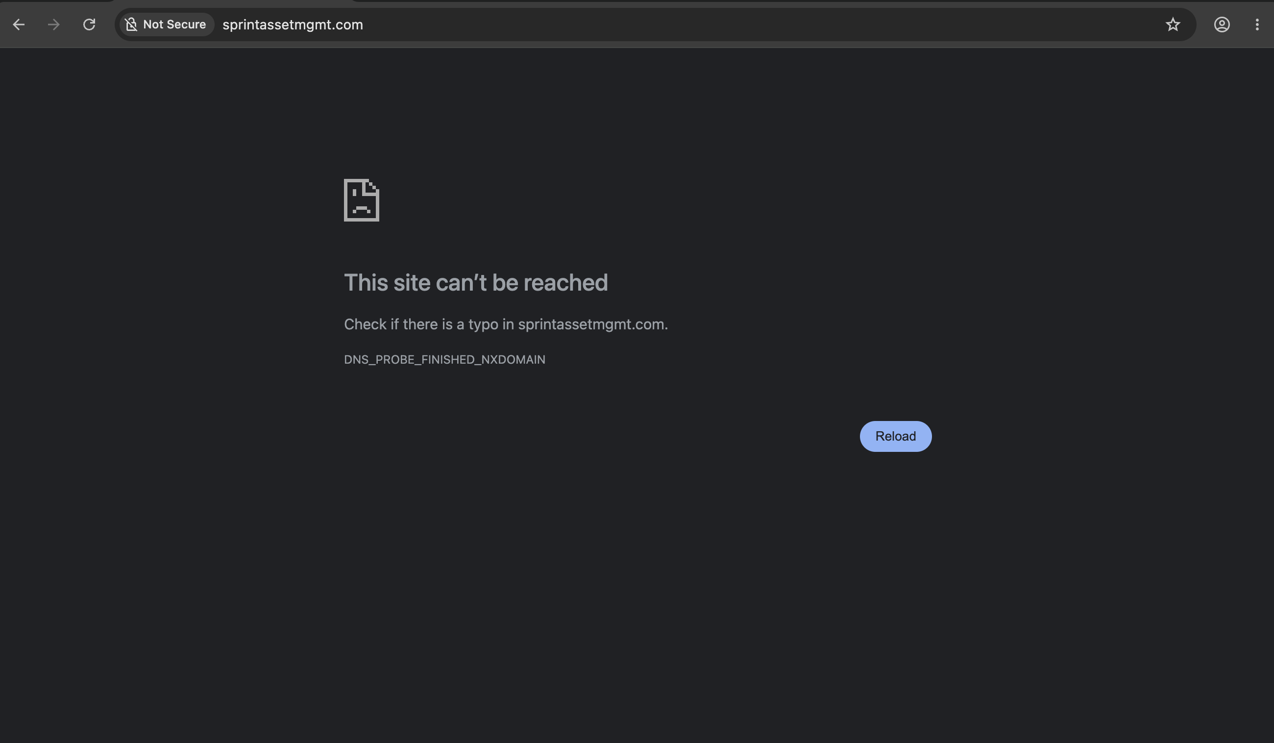 sprintassetmgmt.com Screenshot of sprintassetmgmt.com fake asset‑management page, highlighted with warning icons and a broken security lock.