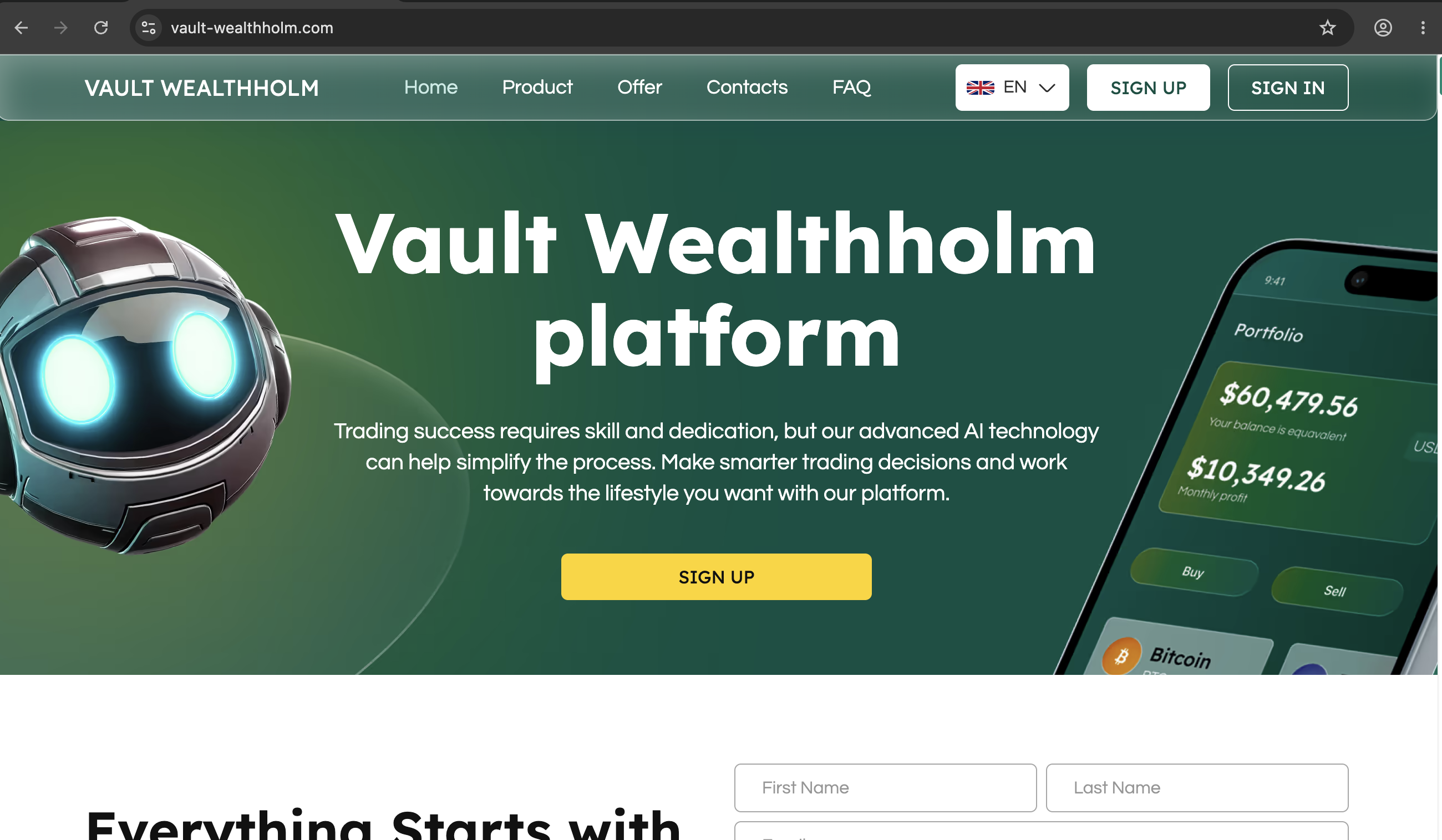 Vault‑Wealthholm dashboard showing AI‑generated trade signals and performance charts.