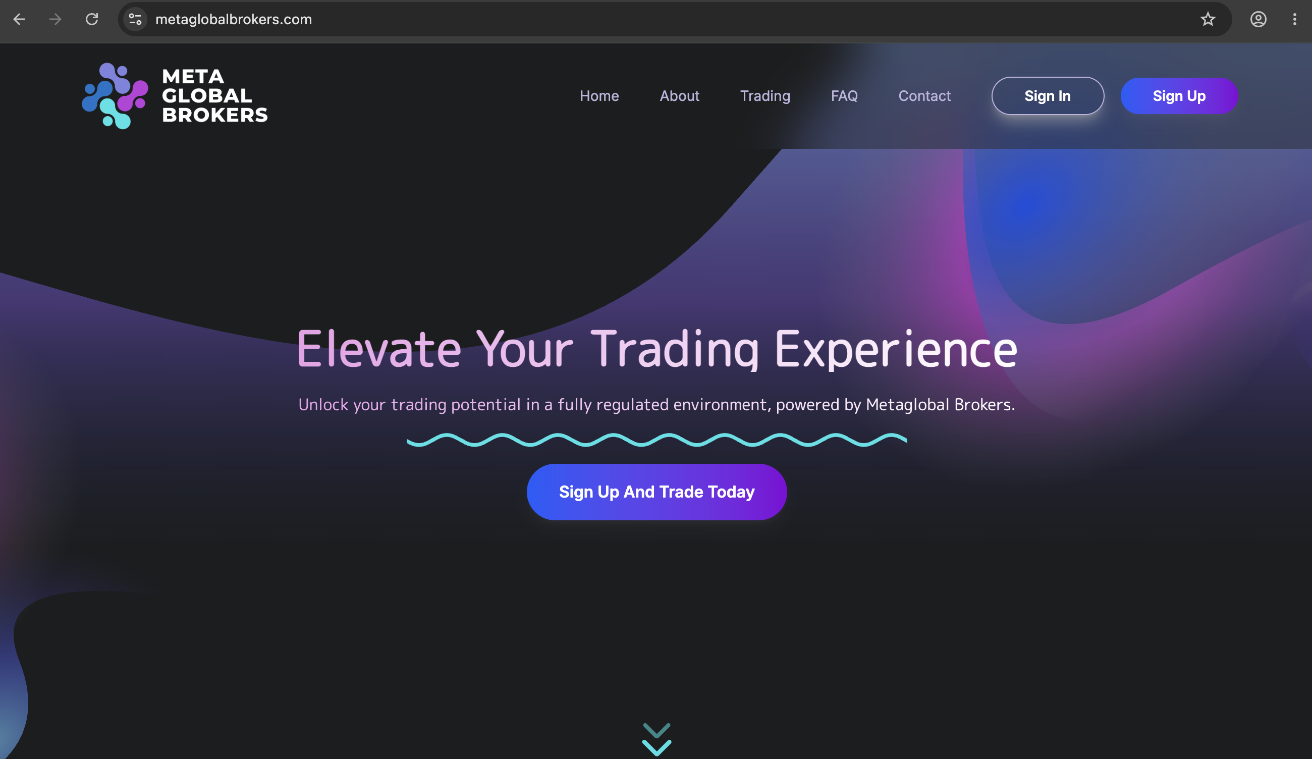 Screenshot of metaglobalbrokers.com homepage showing high‑leverage offers and promotional banners.