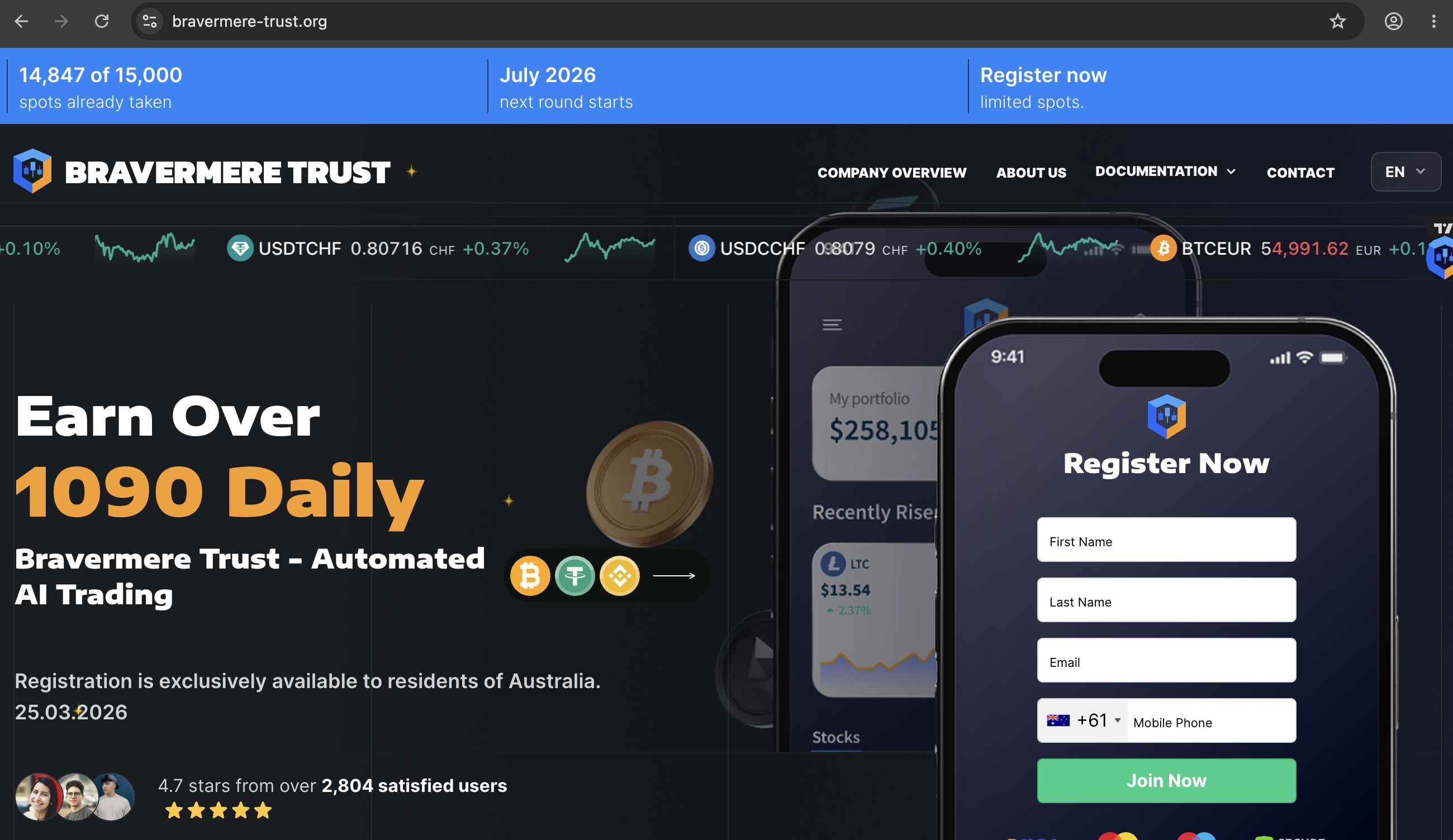 Screenshot of the Bravermere‑Trust website showing a live crypto price ticker, a chatbot window titled ‘Your Personal AI Advisor’, and a banner promising AI‑driven high‑return investments.