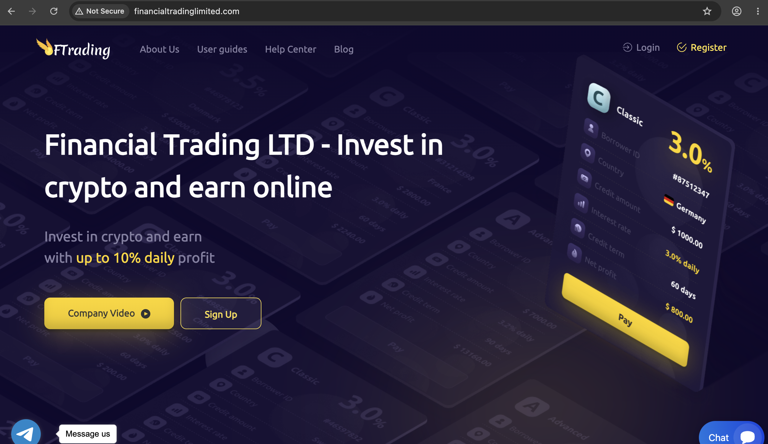 FinancialTradingLimited.com Screenshot of FinancialTradingLimited.com dashboard showing fabricated profit graphs and hidden‑fee warnings.