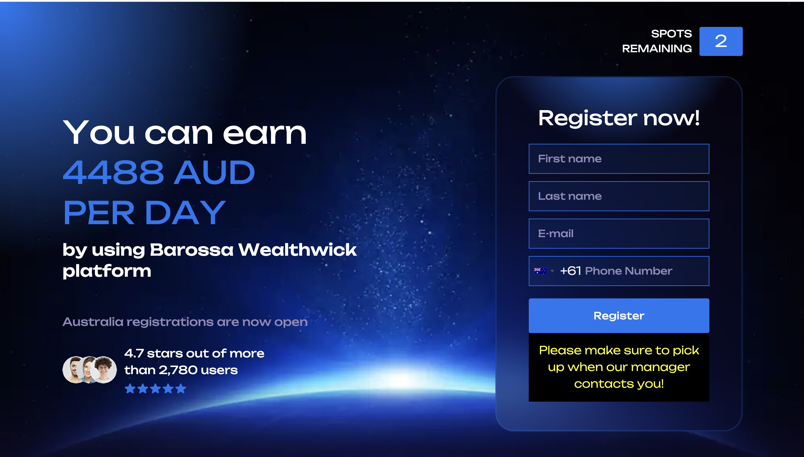 Barossa Wealthwick Barossa Wealthwick website interface showing investment dashboard with charts and user testimonials