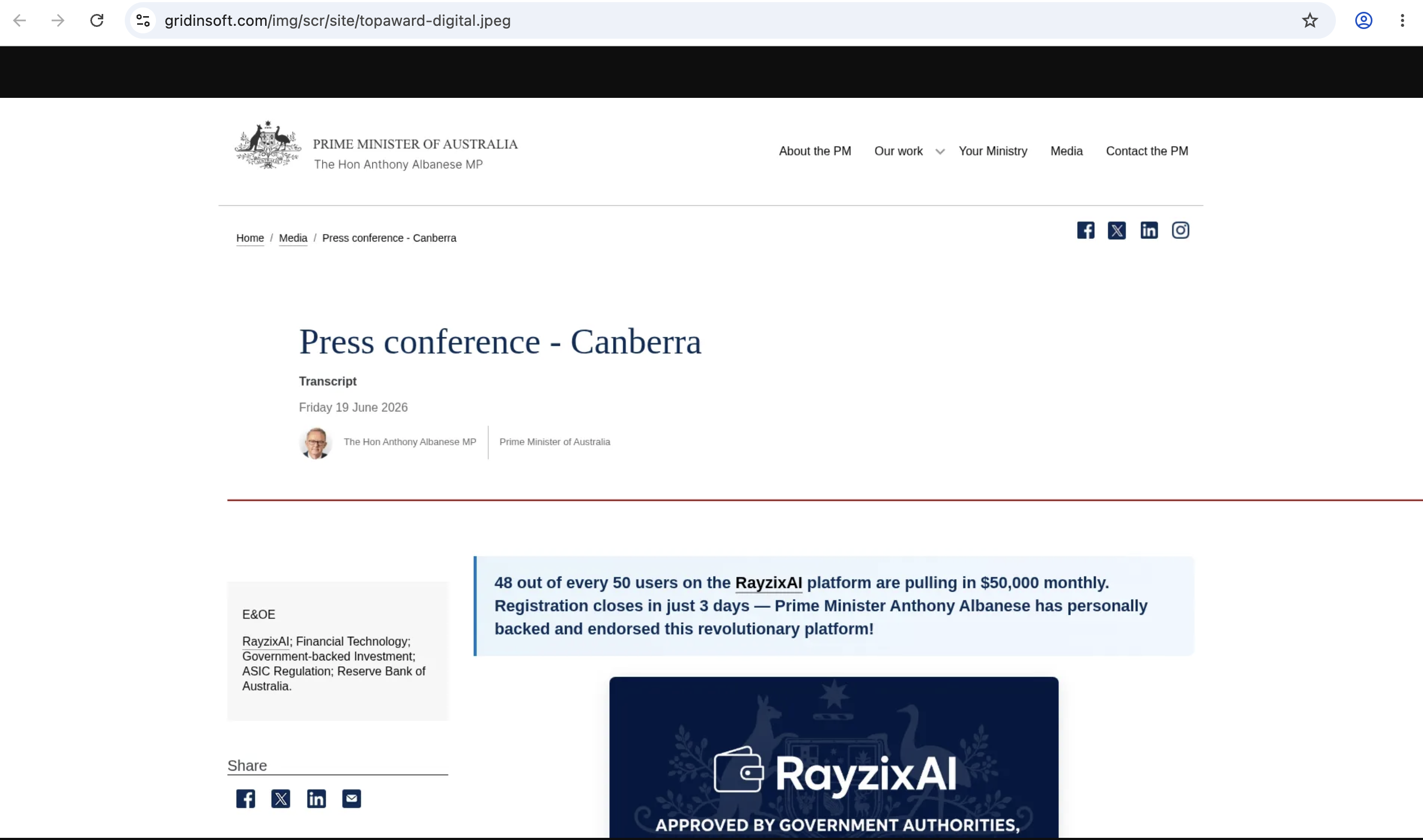 Screenshot of RayzixAI’s website with red flags highlighted.