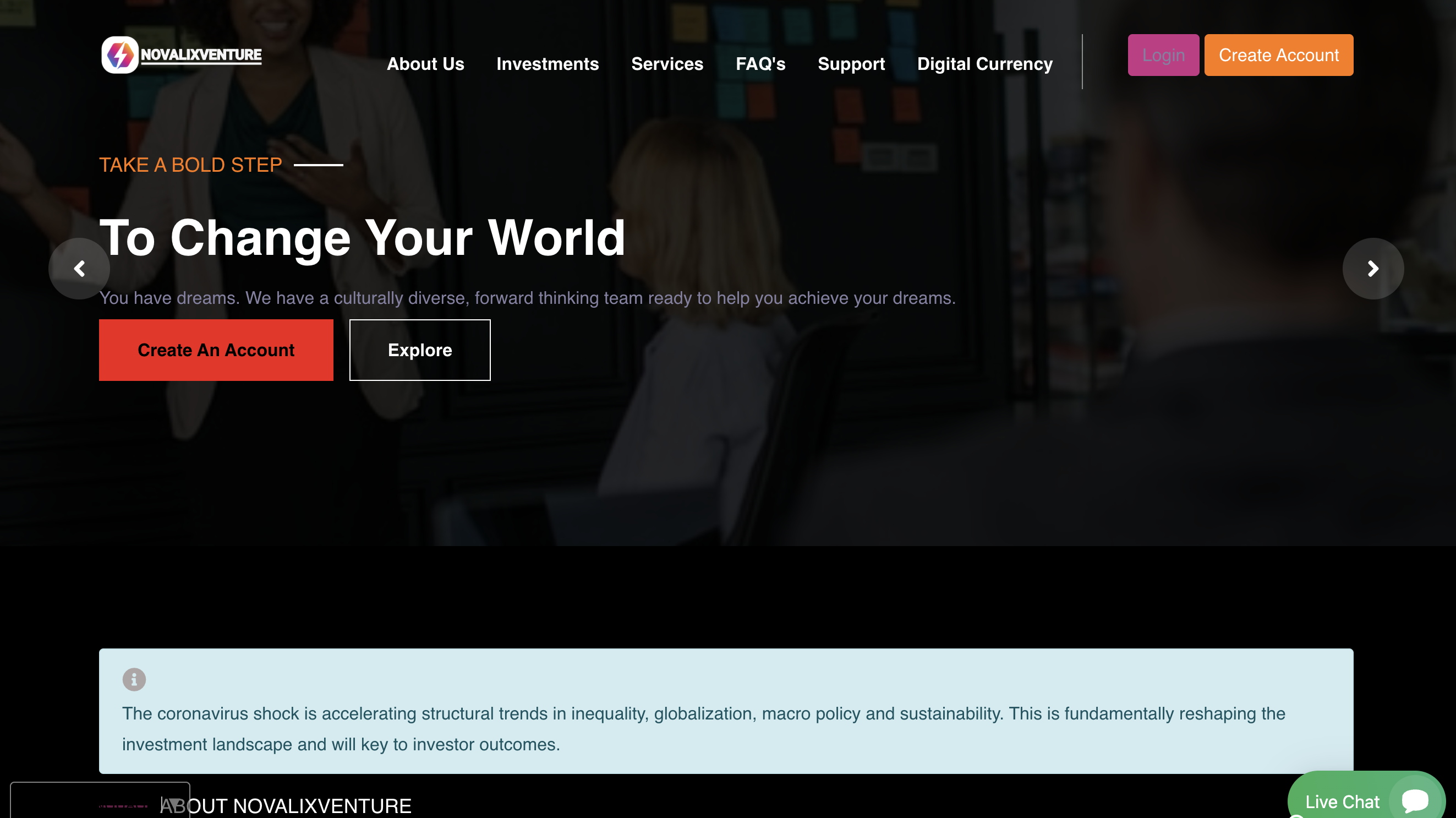 Screenshot of NovalixVenture.io homepage with sleek design and navigation menu.