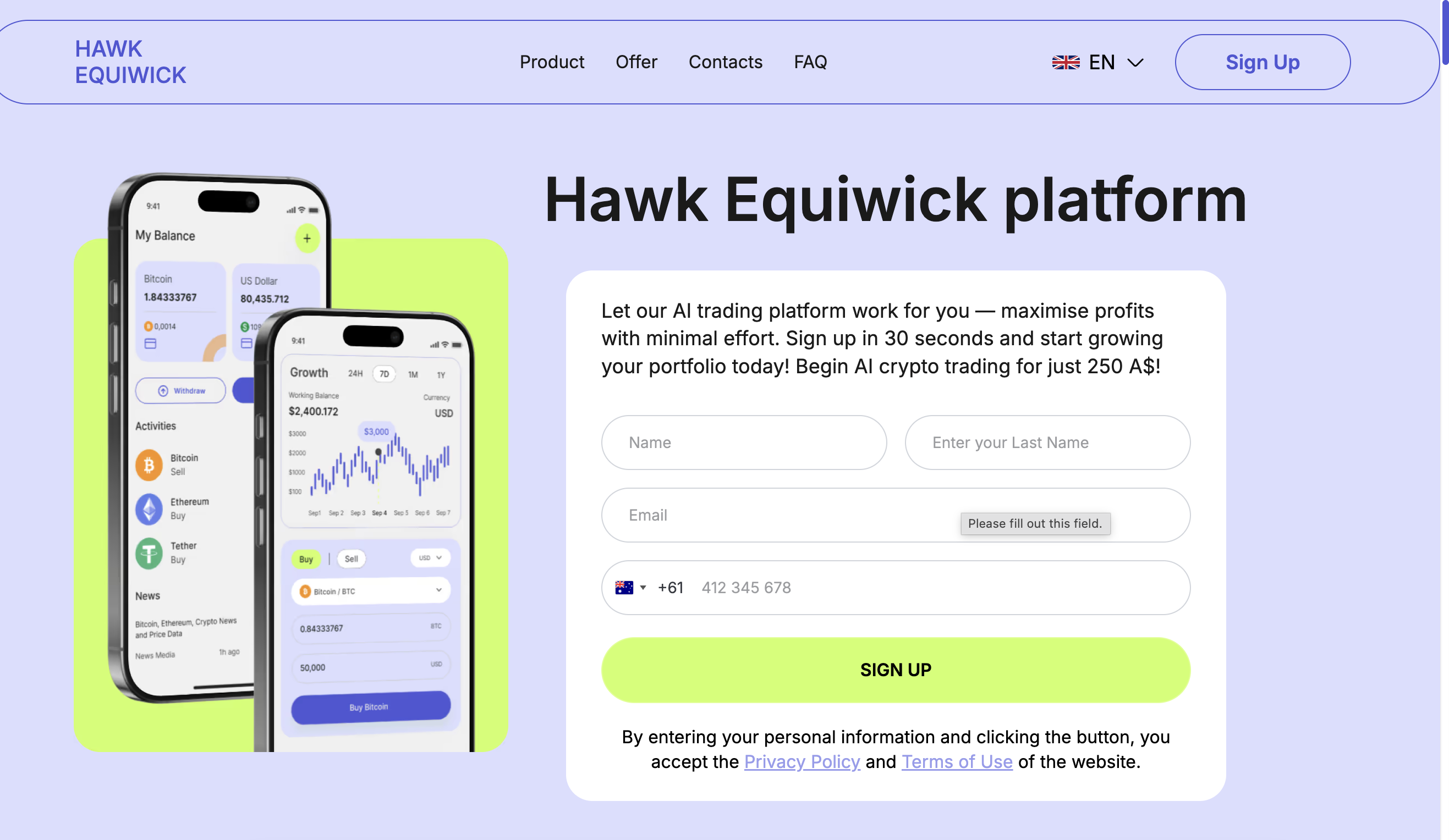 Hawk Equiwick platform interface on a laptop screen, highlighting its unlicensed marketplace features and potential user concerns.