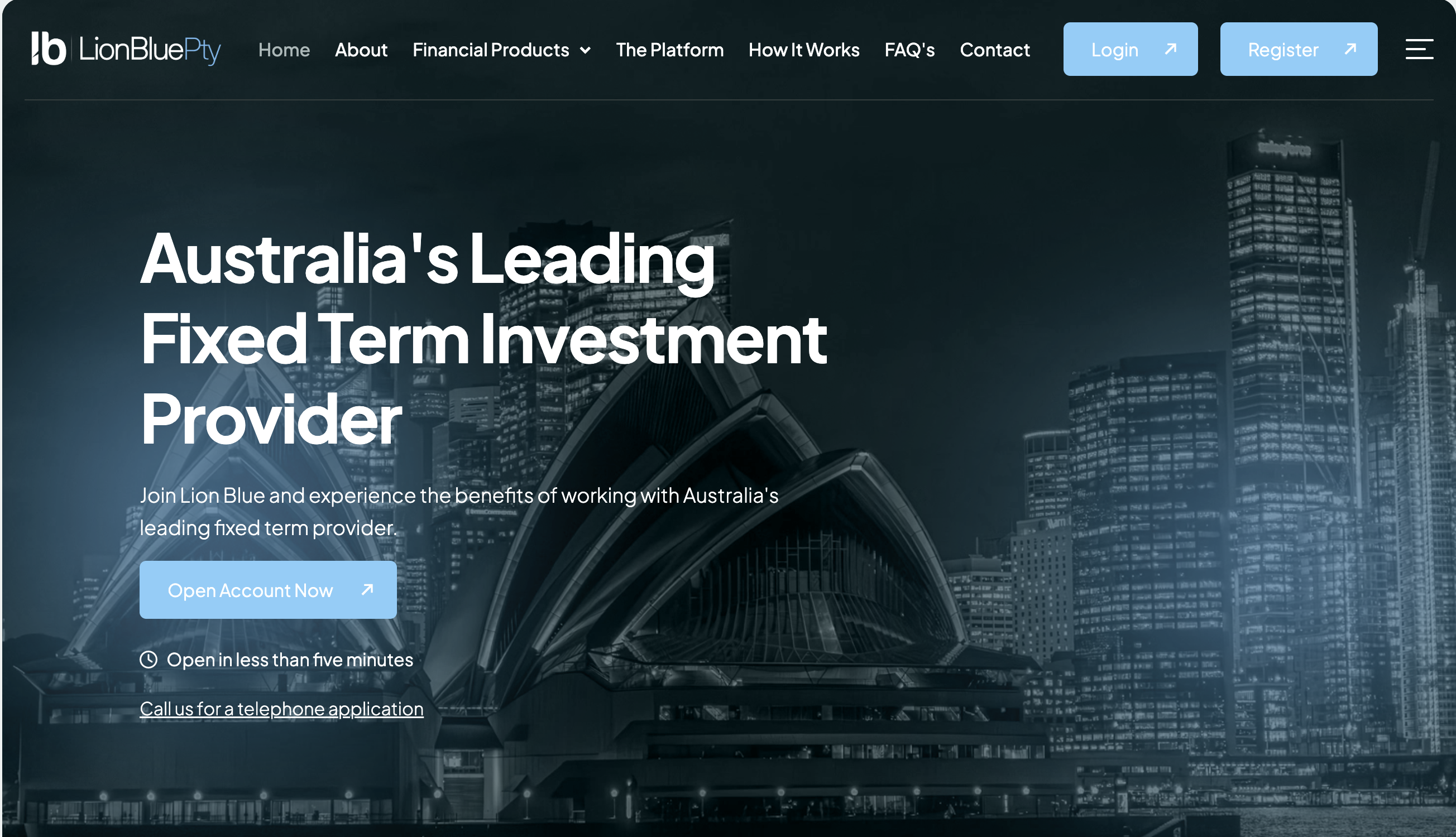 Screenshot of LionBluePTY.com homepage showing trading platform features.