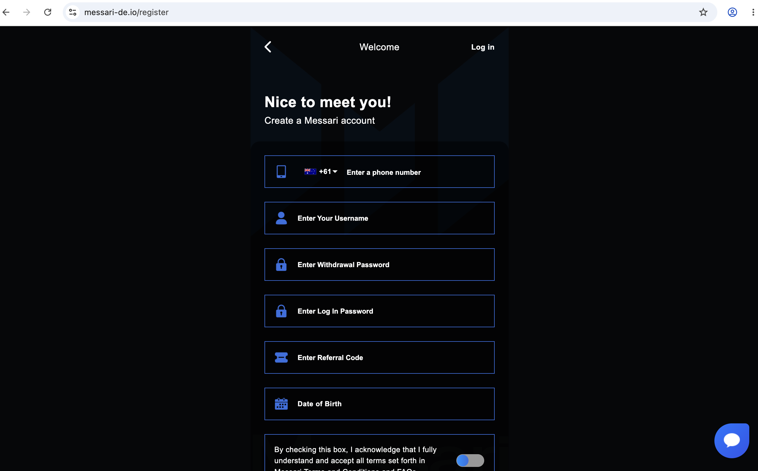 Messari-de.io Messari-de.io signup form with username and password fields.