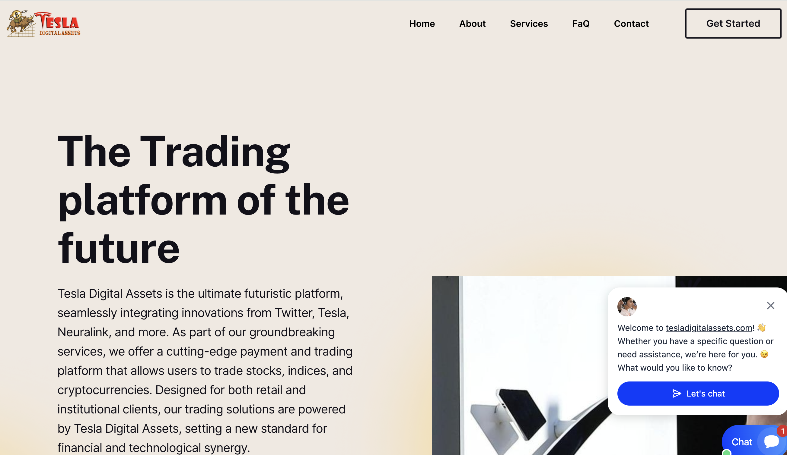 Screenshot of Tesla Digital Assets website interface showing cryptocurrency trading options