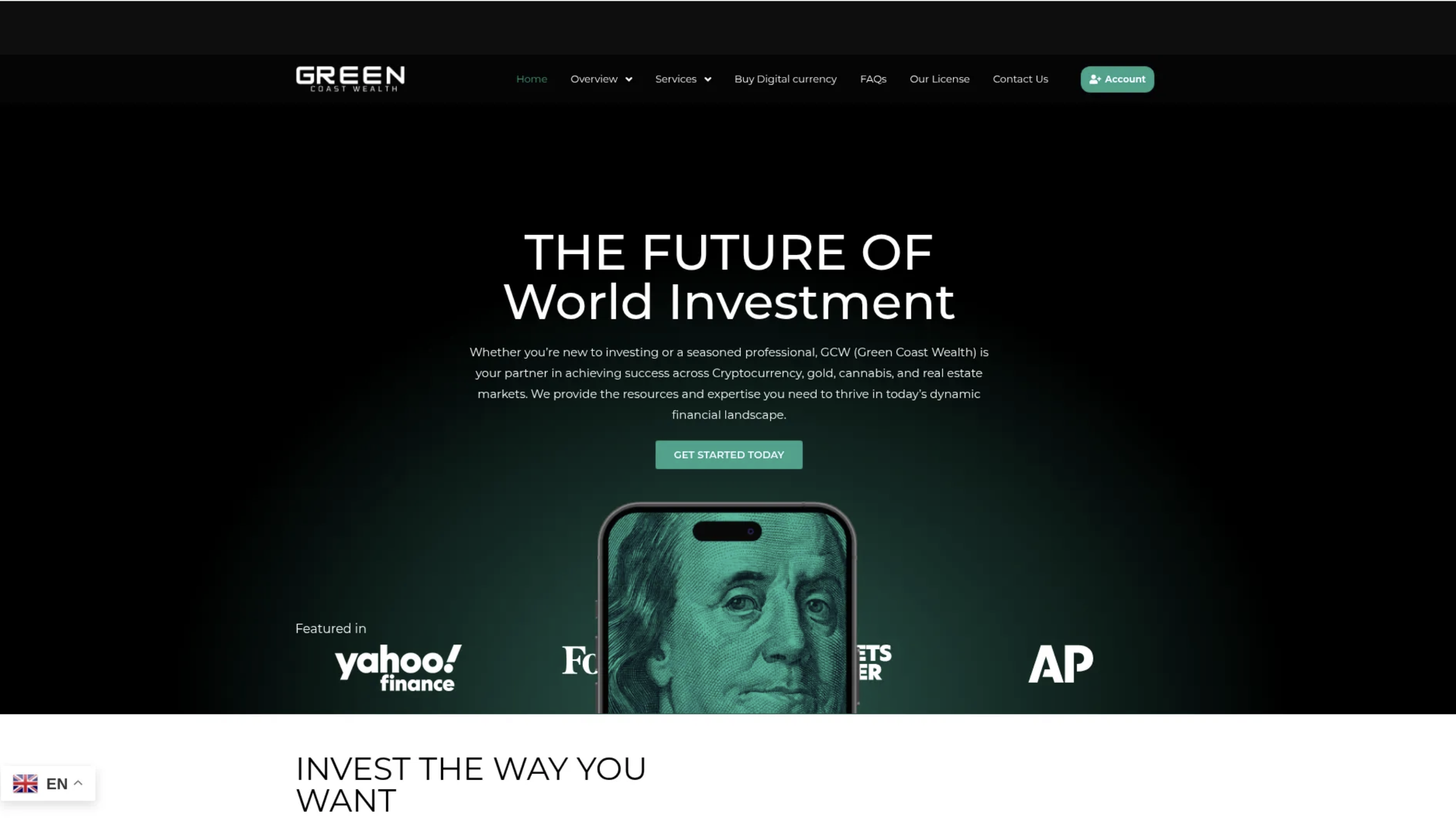 Screenshot of Coast GreenCoast Wealth website showing investment dashboard and account login interface