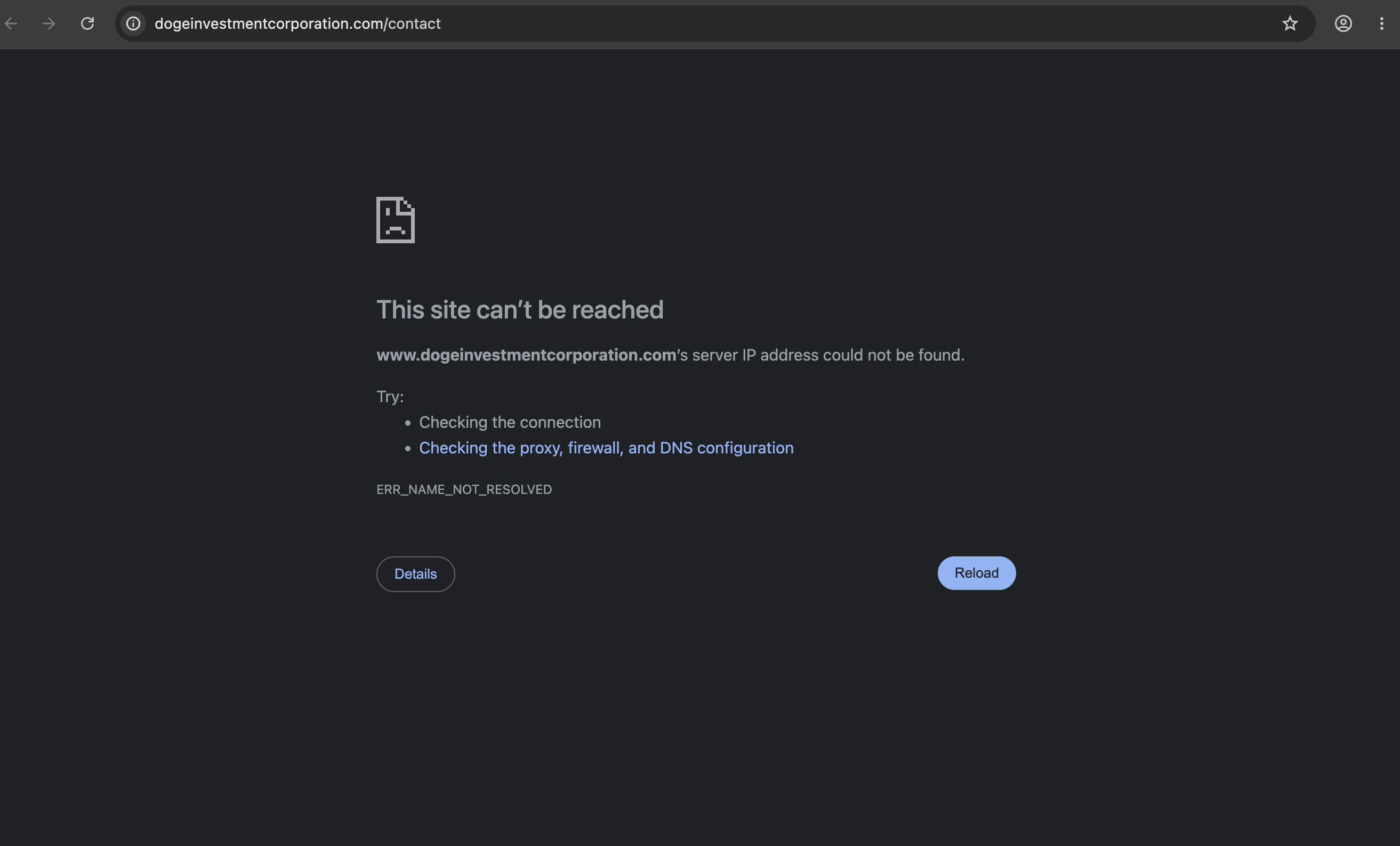 Dogecoin Investment Corporation website interface