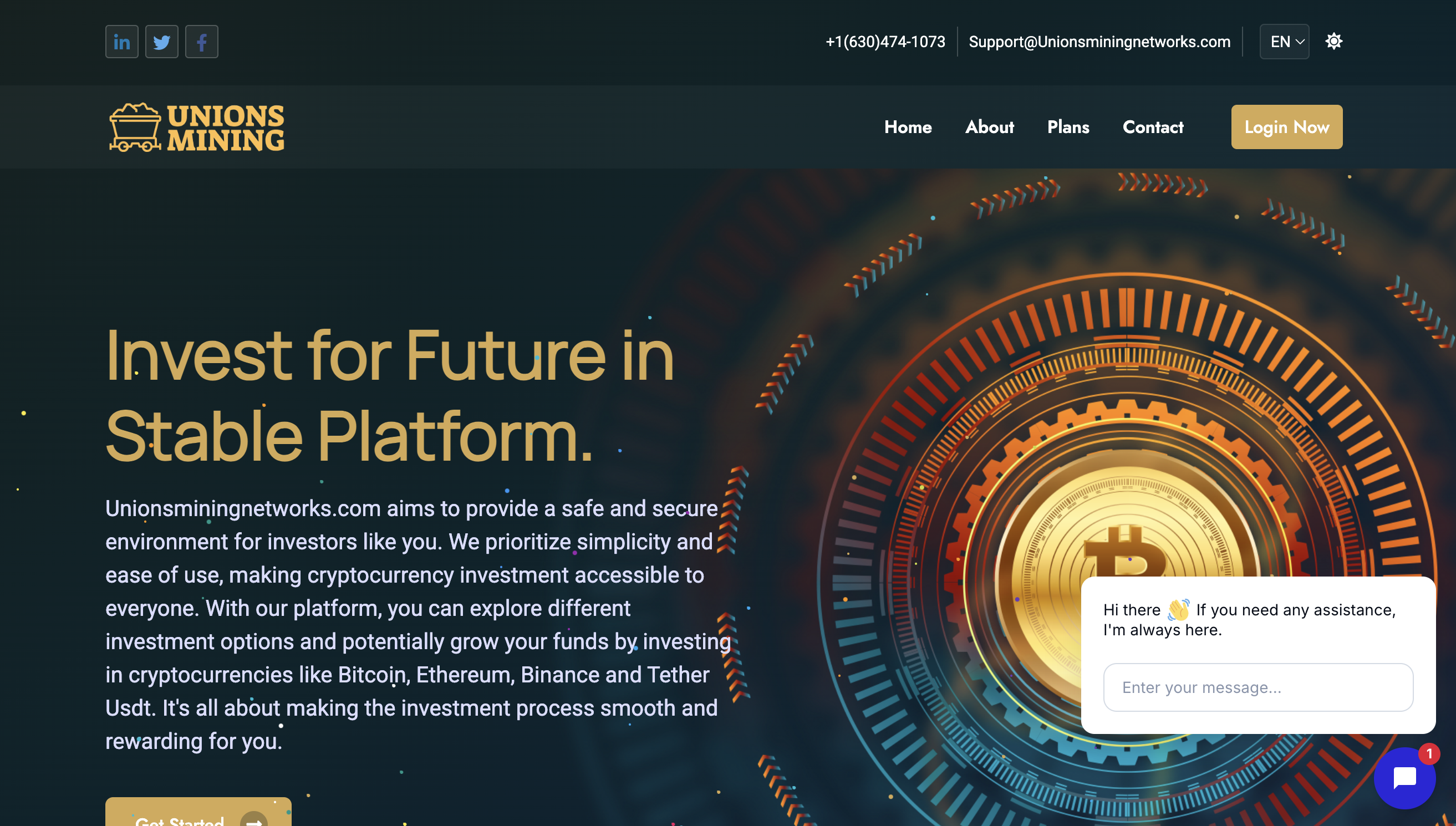 Screenshot of Unions Mining Networks website homepage with investment plans.