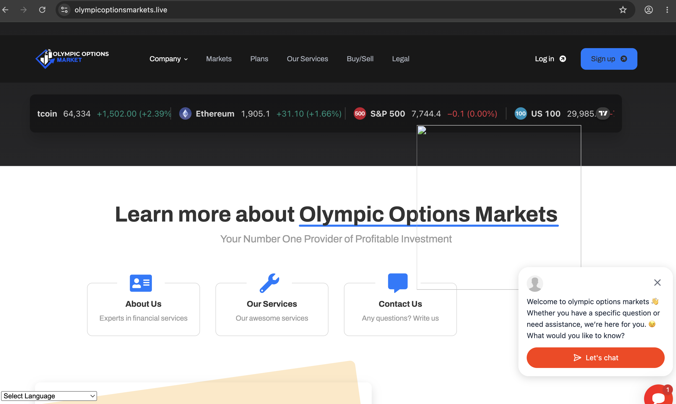Screenshot 2026-08-17 at 10.53.27 PM Olympic Options Markets.live website homepage showing unregulated trading claims.