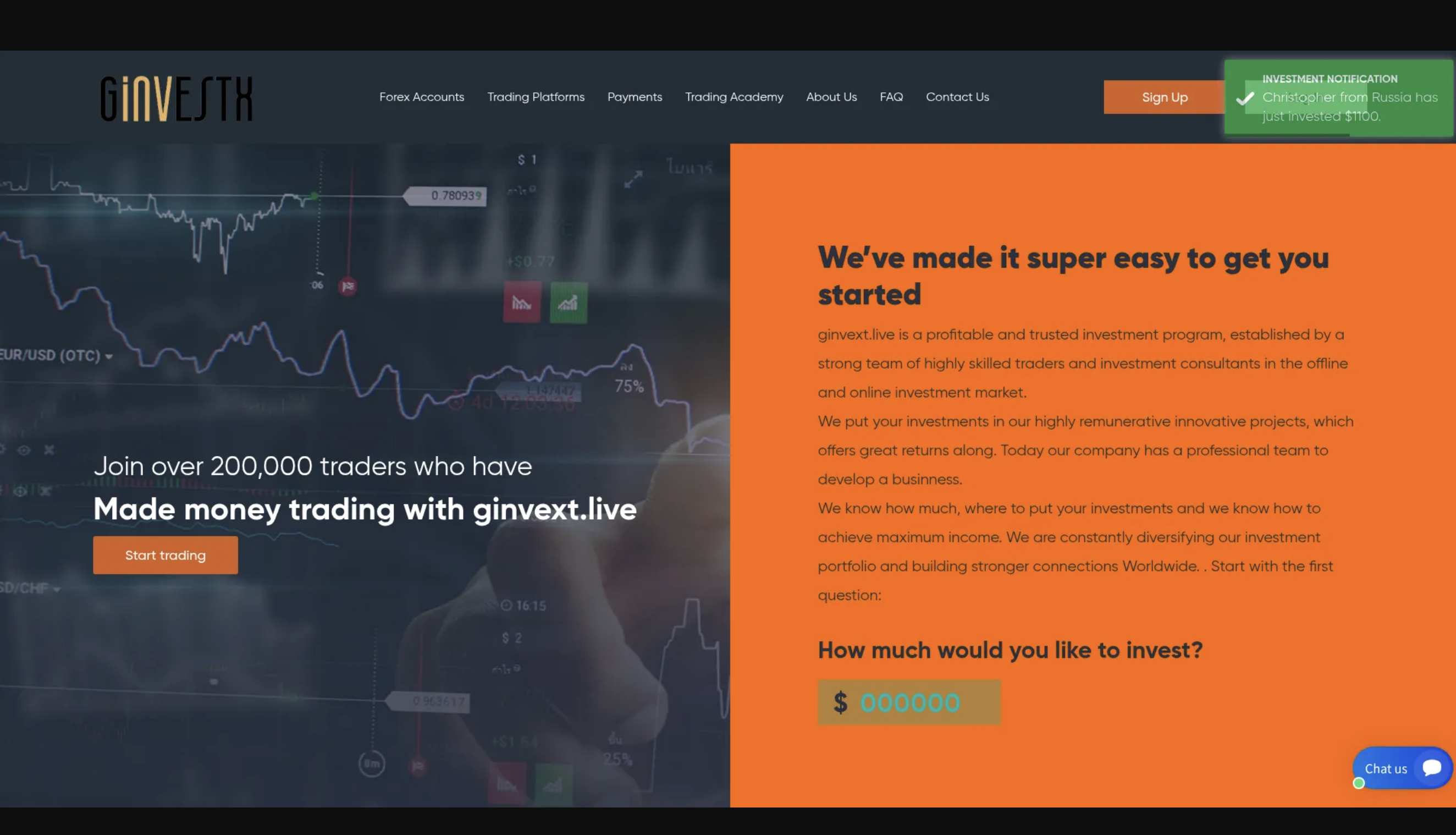 Screenshot of Ginvext.com homepage showing trading dashboard