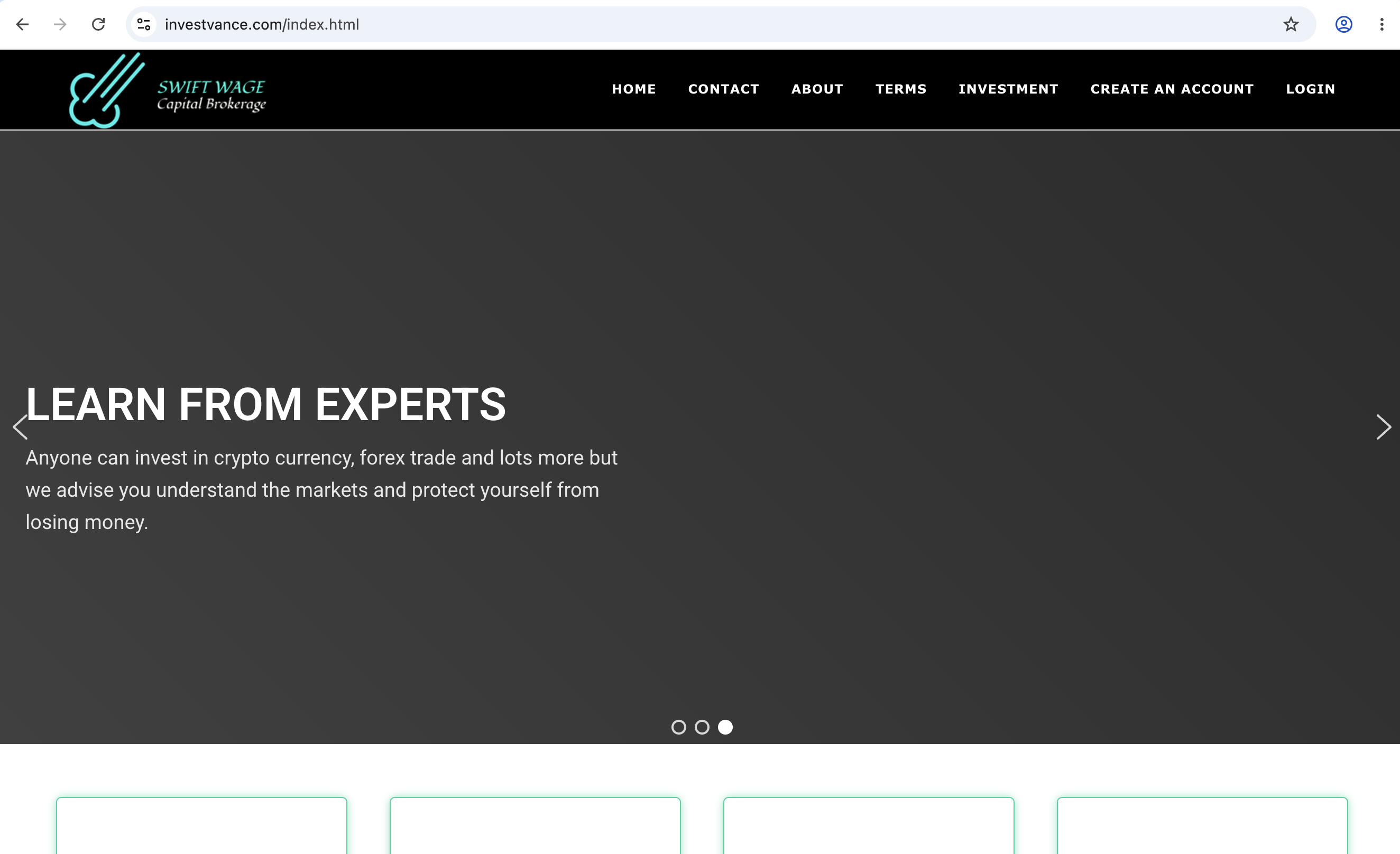 Screenshot of Investvance.com homepage showing trading platform interface.