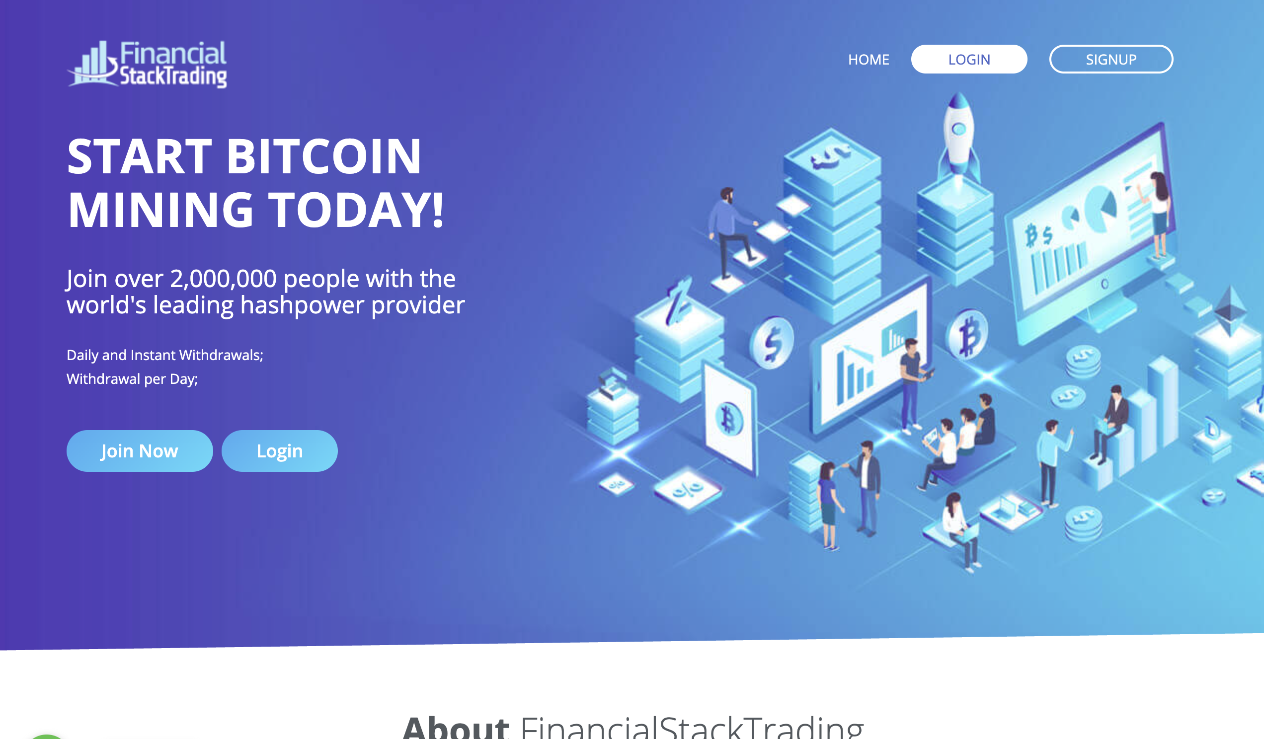 Screenshot of FinancialStackTrading.net’s homepage with trading platform features highlighted