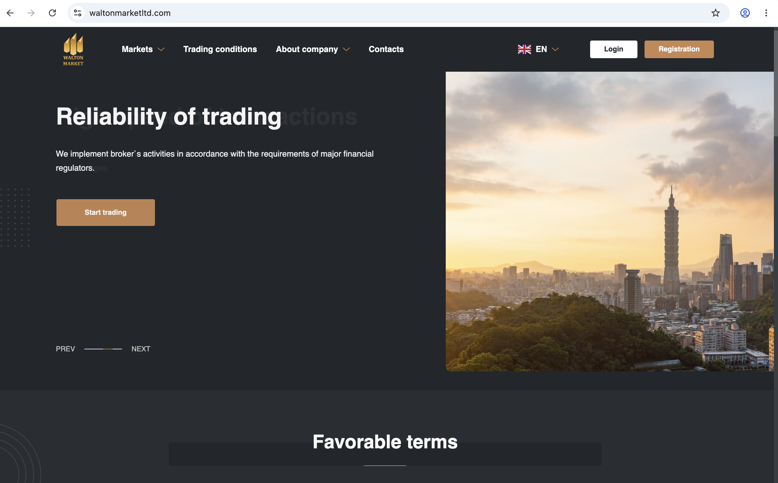 Screenshot of Walton Market Ltd website showing its trading platform interface and account options