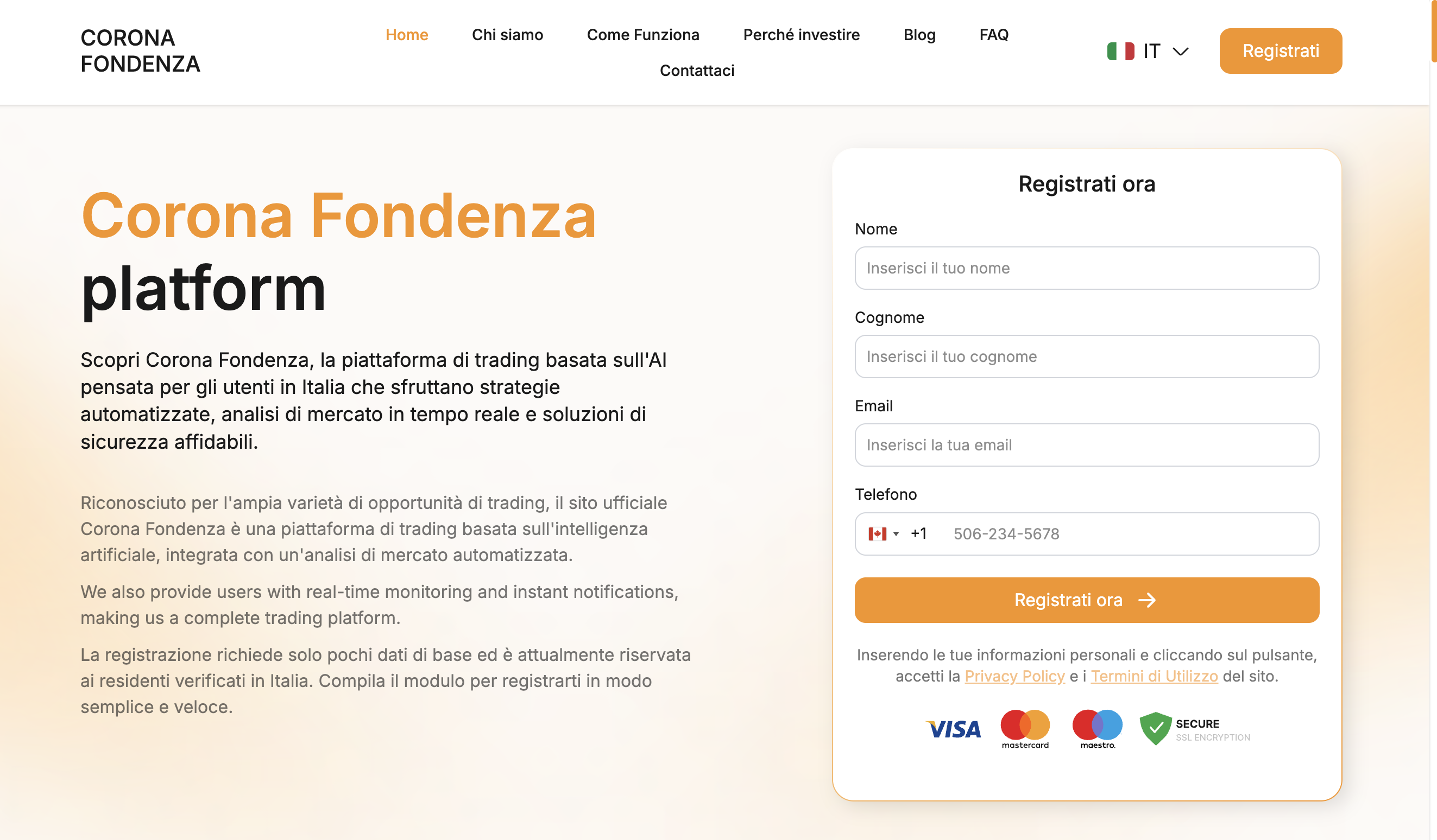 CoronaFondenza.com homepage screenshot