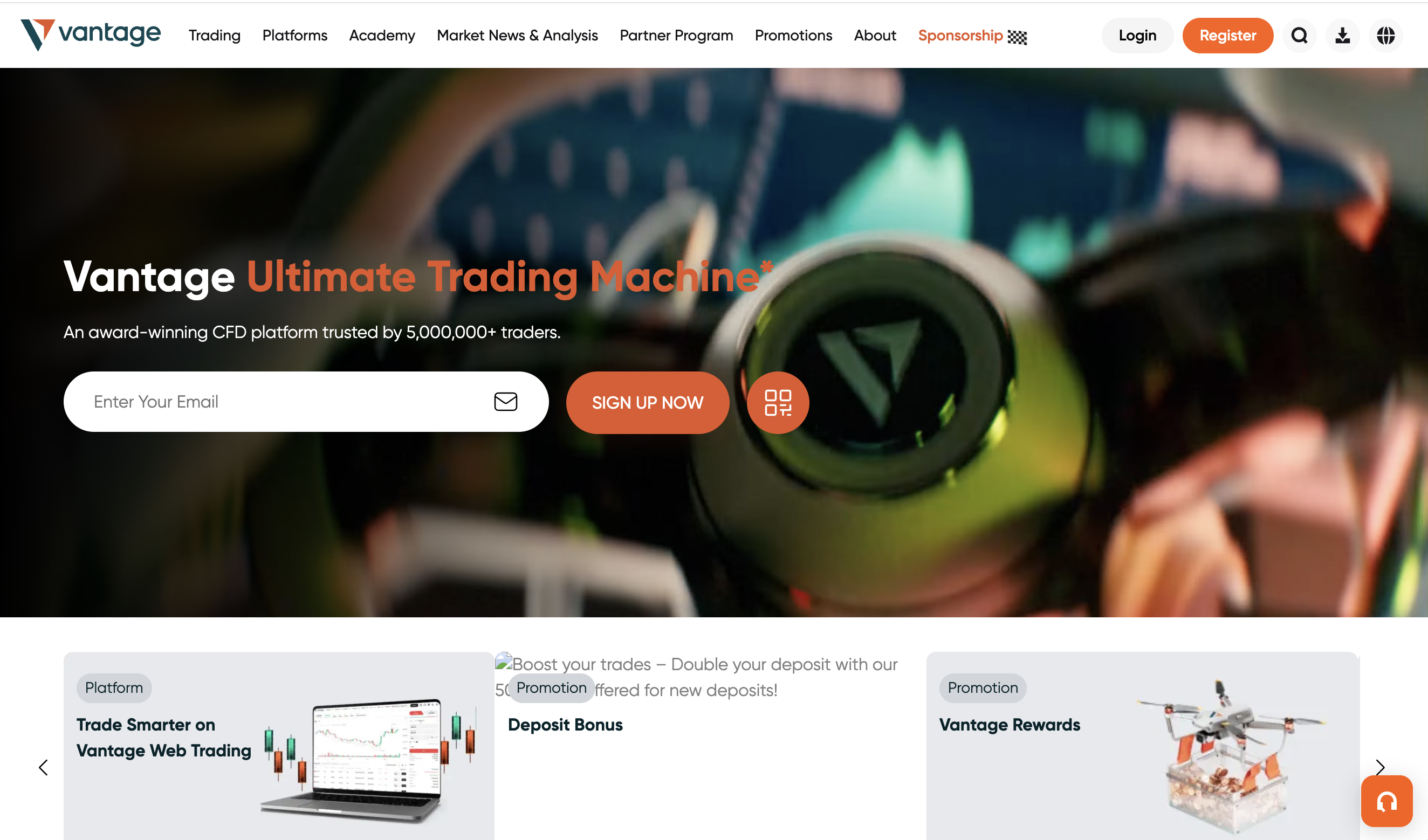 VantageMarkets.co trading interface with risk disclaimer